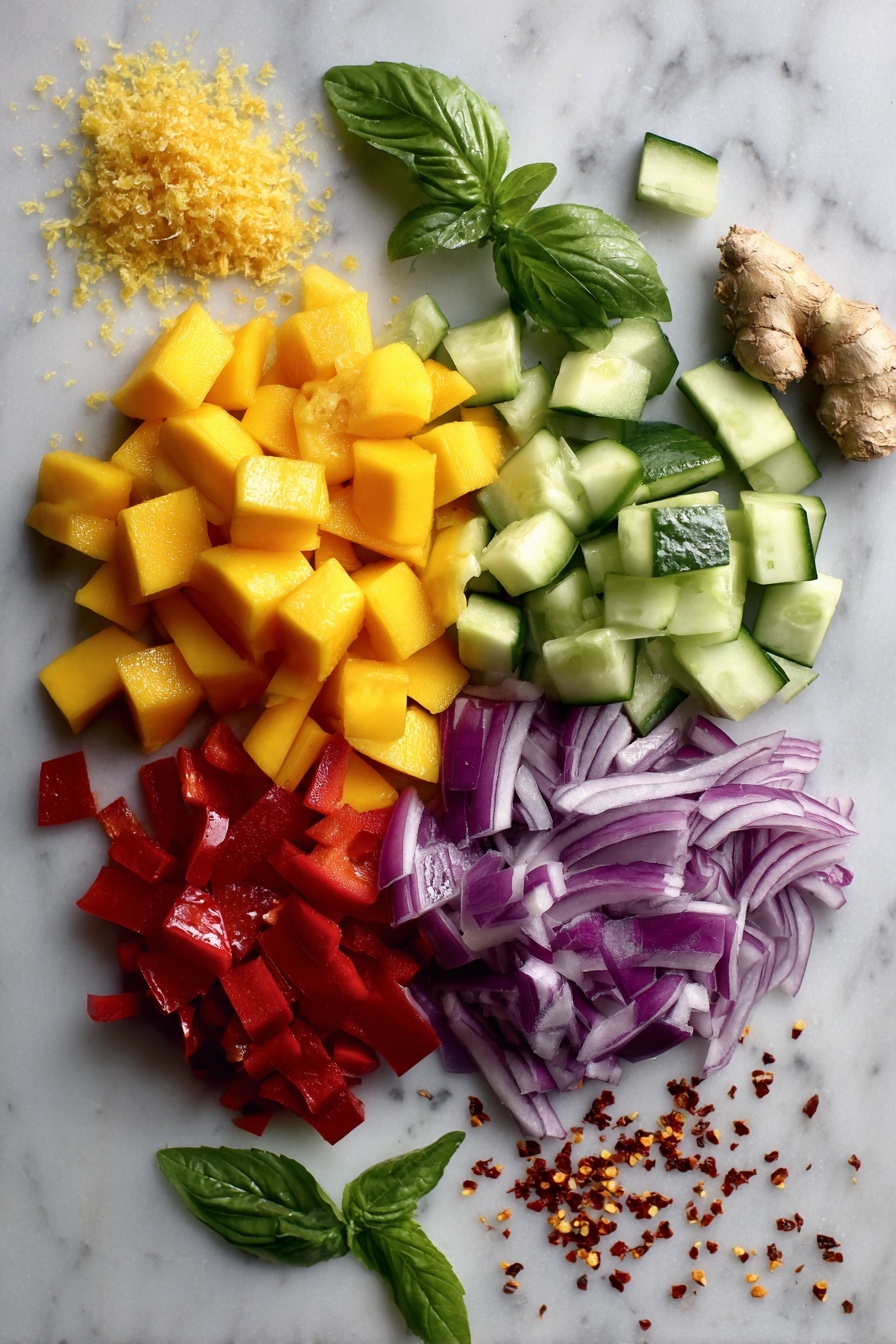 Mango Salad with Lemon-Honey Dressing, mango salad recipe, refreshing fruit salad, easy summer salad, healthy mango salad - Flat lay of ripe diced mangoes, bright red diced bell pepper, fresh green cucumber cubes, thinly sliced purple red onion, and vibrant fresh basil leaves, alongside a small pile of grated fresh ginger root and scattered red chili flakes, all beautifully arranged in a colorful composition placed on a white marble surface, photo taken with an iphone --ar 2:3 --v 7