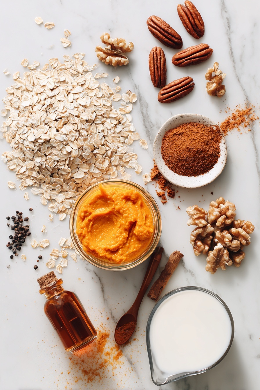 Pumpkin Oatmeal, Pumpkin Oatmeal Recipe, Fall Breakfast Ideas, Cozy Morning Breakfast, Healthy Pumpkin Breakfast - Flat lay of rolled oats scattered alongside a smooth dollop of bright orange pumpkin puree, a small heap of warm brown pumpkin pie spice, a few glossy pecans and chopped walnuts, a drizzle of golden maple syrup pooling gently, a splash of creamy soy milk in a soft splash form, and a tiny glass vial of pure vanilla extract, all beautifully arranged on a white marble surface, photo taken with an iphone --ar 2:3 --v 7