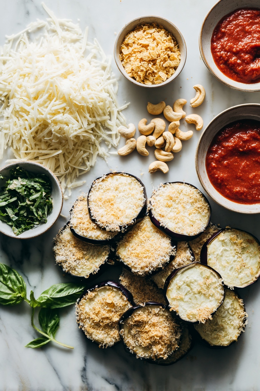 Vegan Eggplant Parmesan, vegan eggplant parmesan recipe, plant-based eggplant parmesan, healthy vegan eggplant dish, dairy-free eggplant parmesan - Flat lay of thickly sliced fresh eggplant rounds, a small bowl of golden crushed cornflakes, raw cashew nuts scattered nearby, a mound of pale yellow nutritional yeast flakes, a handful of bright green chopped fresh basil leaves, vibrant red dollops of rich marinara sauce, and a pile of shredded vegan mozzarella cheese with soft white vegan Parmesan shreds on the side, all beautifully arranged with natural light highlighting their textures and colors, placed on a white marble surface, photo taken with an iphone --ar 2:3 --v 7