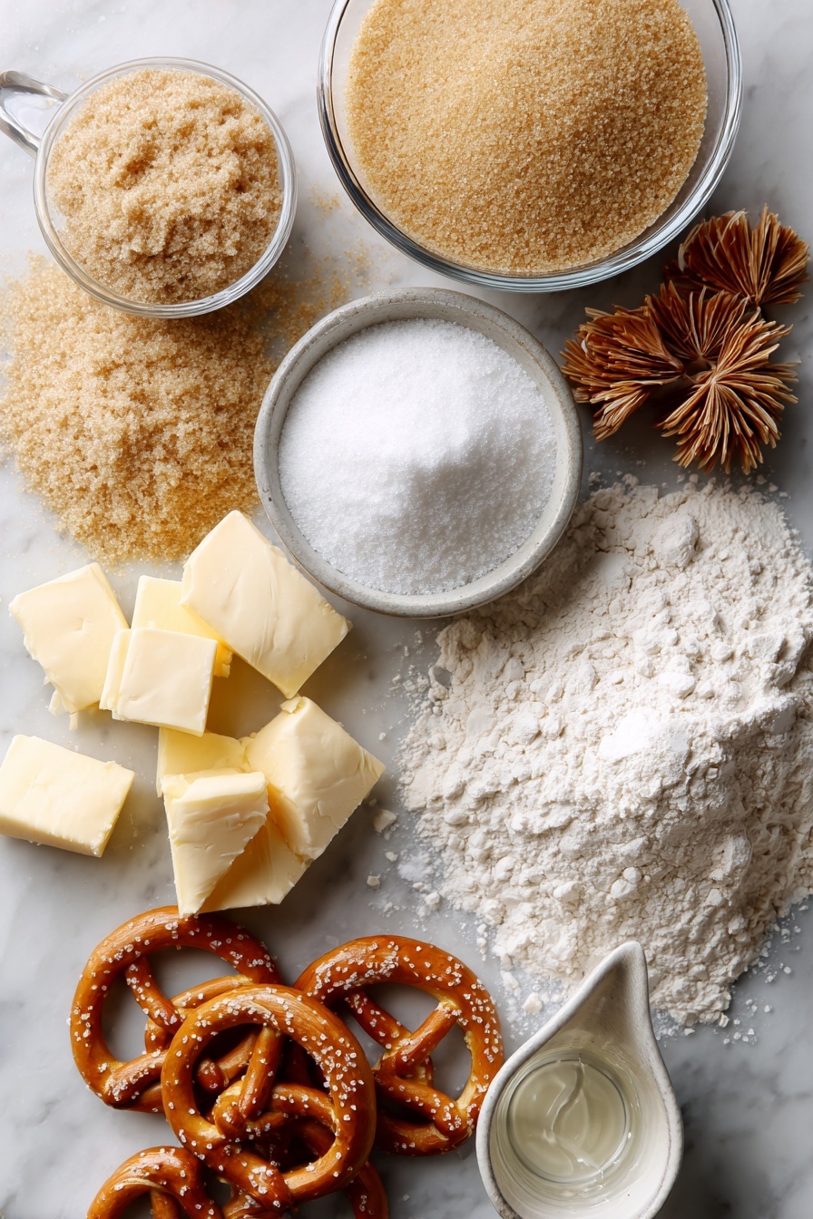 Vegan Pretzel Bites, vegan pretzel snack, homemade vegan pretzels, plant-based pretzel recipe, easy vegan snacks - Flat lay of light brown sugar scattered alongside heaping spoonfuls of instant yeast, a neat pile of all-purpose flour, a small bowl of coarse sea salt crystals, several chunks of creamy melted vegan butter, a mound of baking soda powder, a measuring cup filled with warm water, all beautifully arranged with a few twisted raw pretzel dough bites resting among the ingredients, placed on a white marble surface, photo taken with an iphone --ar 2:3 --v 7