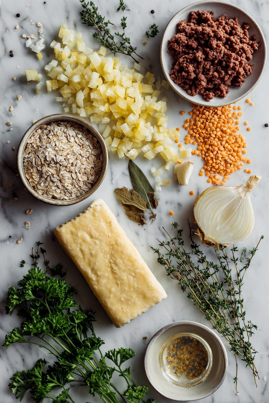 Vegan Wellington, vegan savory pastry, plant-based Wellington, vegan puff pastry dish, vegan holiday main course - Flat lay of a sheet of frozen puff pastry, diced yellow onion, crumbled vegan beef, minced garlic cloves, dried thyme, dried sage, dried paprika, a small pile of quick cooking oats, ground flaxseeds next to a small bowl of water for flax eggs, and drained lentils, all carefully arranged with fresh parsley sprigs for color, placed on a white marble surface, photo taken with an iphone --ar 2:3 --v 7