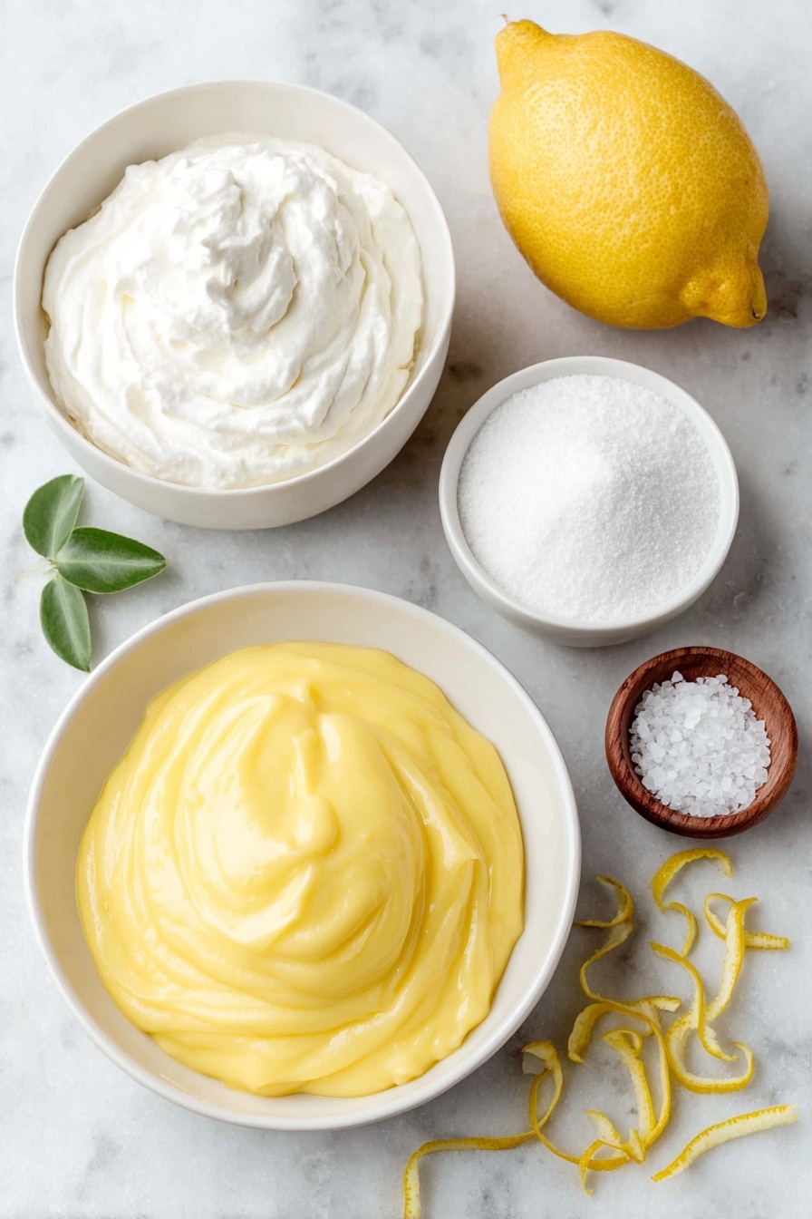 Lemon Mousse, Lemon Mousse Recipe, Easy Lemon Dessert, Refreshing Lemon Dessert, Light Dessert Recipes - Flat lay of a small mound of bright yellow lemon curd spread smoothly in a simple white ceramic bowl, a few thin strands of fresh lemon zest beside it, a small white bowl filled with white confectioner’s sugar, a larger white ceramic bowl containing softly whipped heavy cream with gentle peaks, a single large whole lemon with vibrant yellow skin, and a pinch of coarse salt displayed neatly on the side, all arranged with perfect symmetry and balanced proportions, placed on a clean white marble surface, soft natural light, photo taken with an iPhone, professional food photography style, fresh ingredients, white ceramic bowls, no bottles, no duplicates, no utensils, no packaging --ar 2:3 --v 7 --p awthu7i m7354615311229779997