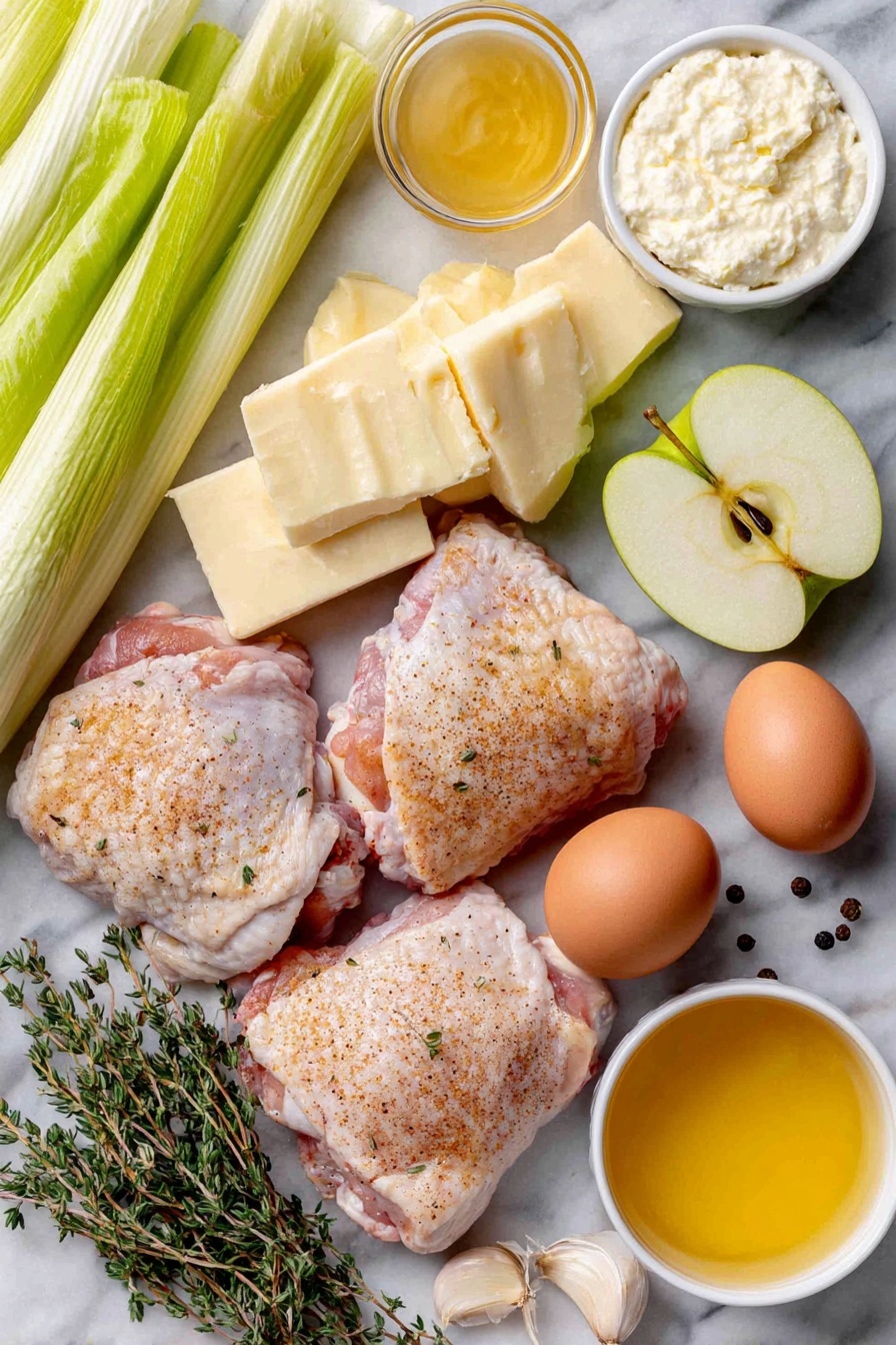 French Chicken Normandy, Chicken Normandy casserole, Normandy chicken recipe, French chicken dinner, apple cider chicken - Flat lay of fresh raw bone-in chicken thighs with skin on, a few thick slices of white and light green leeks, three crisp green apples halved and sliced, two whole uncracked brown eggs, a small pat of butter, two cloves of garlic with papery skins removed, fresh thyme sprigs still on stems, a small white bowl of creamy Dijon mustard, a small white bowl of light golden brandy, a small white bowl of pale golden dry hard apple cider, a small white bowl of rich creamy creme fraiche, all arranged with kosher salt crystals and whole black peppercorns scattered artfully, placed on a clean white marble surface, soft natural light, photo taken with an iPhone, professional food photography style, fresh ingredients, white ceramic bowls, no bottles, no duplicates, no utensils, no packaging --ar 2:3 --v 7 --p awthu7i m7354615311229779997