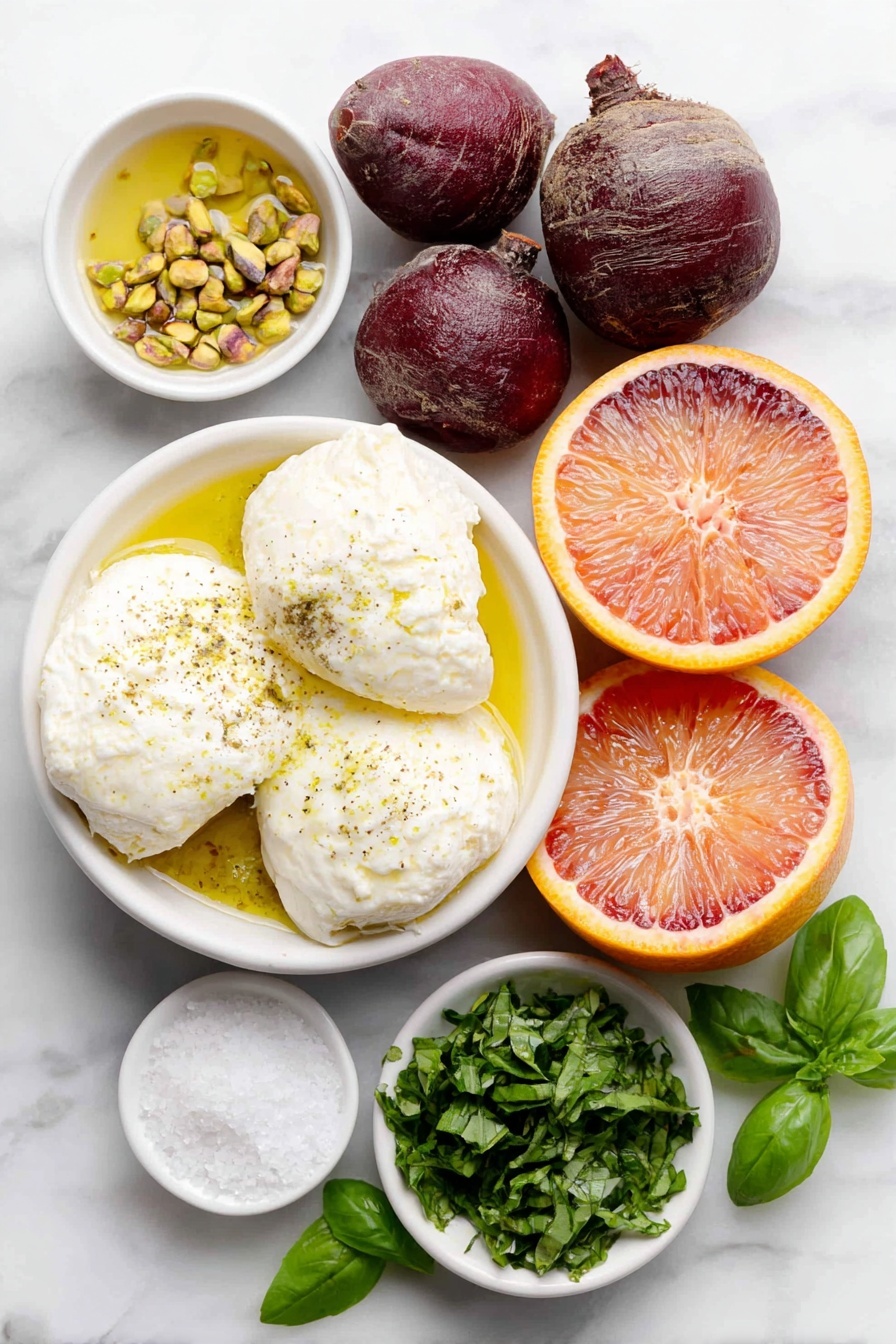 Roasted Beet and Burrata Salad, beet and burrata salad, healthy beet salad, citrus beet salad, gourmet beet salad - Flat lay of three small red beets, three small orange beets, two whole burrata balls, one small blood orange cut in half showing the vibrant interior, one medium cara cara orange halved revealing the pinkish flesh, a small white bowl with chopped pistachios, a small white bowl with loosely packed fresh basil leaves, a small white bowl of bright green basil oil, a small white bowl of olive oil, a small white bowl of fresh orange juice, a small white bowl of kosher salt, and a few whole basil leaves scattered gently around, all ingredients fresh and natural, no packaging, arranged with perfect symmetry on simple white ceramic bowls and plates, placed on a clean white marble surface, soft natural light, photo taken with an iPhone, professional food photography style, fresh ingredients, white ceramic bowls, no bottles, no duplicates, no utensils, no packaging --ar 2:3 --v 7 --p awthu7i m7354615311229779997