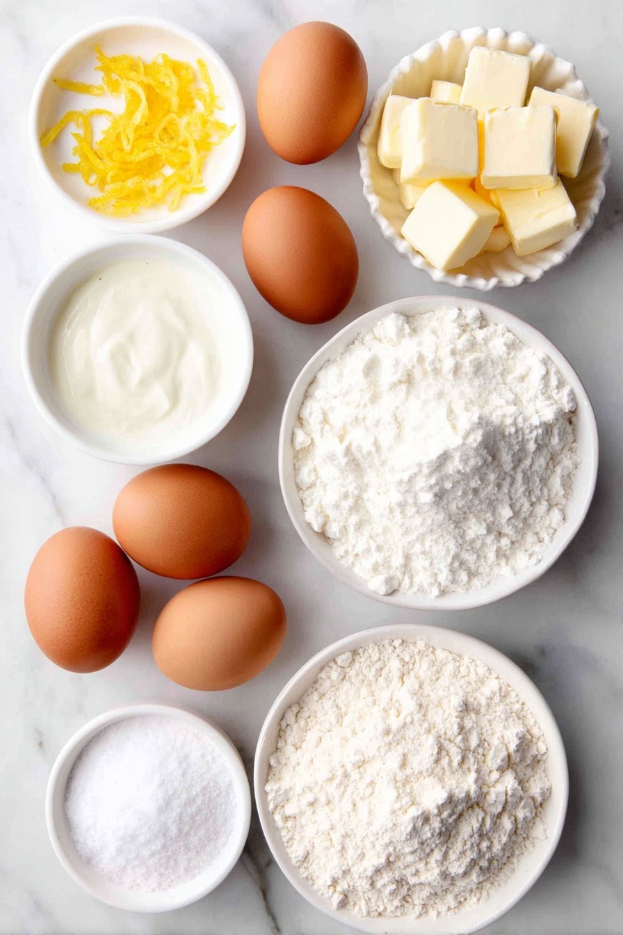 Lemon Crème Brûlée Cookies, Lemon Cookies with Burnt Sugar Topping, Easy Lemon Dessert Cookies, Homemade Lemon Pastry Cream Cookies, Elegant Lemon Cookie Recipe - Flat lay of six whole uncracked brown eggs with clean shells, a small white ceramic bowl of fresh whole milk, a few bright yellow lemon zests scattered neatly, a small white ceramic bowl filled with granulated white sugar, a few small cubes of pale unsalted butter, a small white ceramic bowl of fine white cornstarch powder, a mound of pale beige all-purpose flour, and a small white ceramic bowl containing smooth vanilla bean paste, all arranged symmetrically on a clean white marble surface, soft natural light, photo taken with an iPhone, professional food photography style, fresh ingredients, white ceramic bowls, no bottles, no duplicates, no utensils, no packaging --ar 2:3 --v 7 --p awthu7i m7354615311229779997