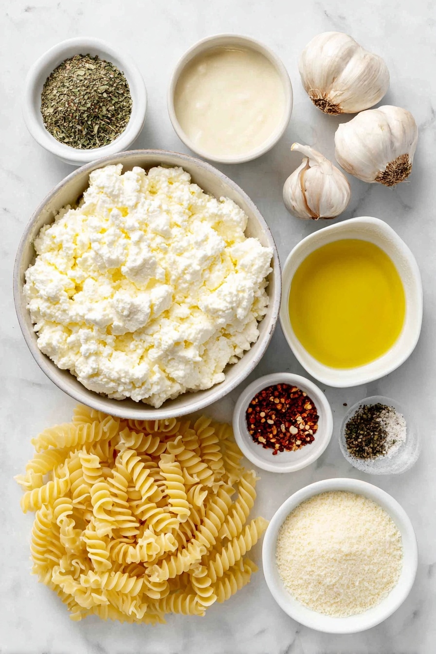 Creamy Cottage Cheese Pasta Sauce, healthy pasta sauce, quick pasta recipe, protein-packed pasta sauce, easy weeknight dinner - Flat lay of a small white ceramic bowl filled with creamy full-fat cottage cheese, a small white bowl containing pale almond milk, a small white bowl with golden olive oil, three whole uncracked garlic cloves, a small white bowl of finely grated Parmesan cheese, a small white bowl with fine white cornstarch powder, a small white bowl holding a mix of dried Italian seasoning herbs, a small white bowl with coarse salt crystals, a small white bowl with ground black pepper, a small white bowl of red pepper flakes, and a nest of cooked chickpea pasta arranged symmetrically, all placed on a clean white marble surface, soft natural light, photo taken with an iPhone, professional food photography style, fresh ingredients, white ceramic bowls, no bottles, no duplicates, no utensils, no packaging --ar 2:3 --v 7 --p awthu7i m7354615311229779997