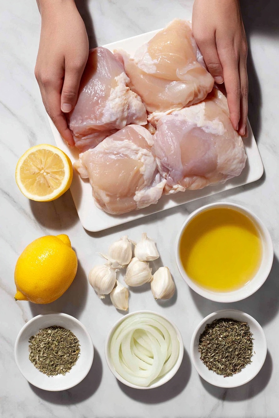 Slow Cooker Greek Chicken, Greek chicken recipe, easy Greek chicken, Mediterranean chicken dinner, healthy slow cooker chicken - Flat lay of boneless skinless chicken thighs with smooth pale pink flesh, a whole yellow lemon cut in half showing juicy segments, thinly sliced white onion rings arranged neatly, four whole garlic cloves with papery white skins, a few small white ceramic bowls containing clear chicken broth, golden olive oil, finely ground dried oregano and thyme in soft greenish-brown powders, fine sea salt crystals, and whole black peppercorns, all ingredients fresh and natural, placed on a clean white marble surface, soft natural light, photo taken with an iPhone, professional food photography style, fresh ingredients, white ceramic bowls, no bottles, no duplicates, no utensils, no packaging --ar 2:3 --v 7 --p m7354615311229779997