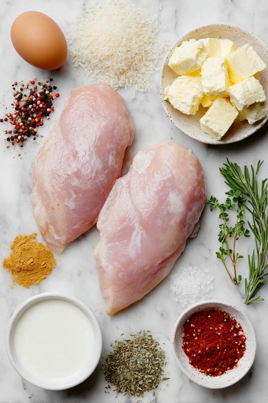 Creamy Herb Chicken Over Basmati Rice, creamy herb chicken recipe, herb chicken with rice, easy creamy chicken dinner, flavorful chicken and rice dish - Flat lay of two whole uncut chicken breasts, a small pile of uncooked basmati rice grains, a small mound of bright red paprika powder, a small heap of light brown ground cumin, a small heap of dried oregano leaves, a tiny pile of crushed red chili flakes, a small pile of fine salt crystals, a small pile of black peppercorns, two small white ceramic bowls—one with creamy white butter chunks, one with smooth cream cheese, one with white milk, a few fresh sprigs each of thyme, rosemary, and basil arranged neatly, a small heap of ground fennel seeds, one whole uncracked brown egg, and one fresh garlic clove, placed on a clean white marble surface, soft natural light, photo taken with an iPhone, professional food photography style, fresh ingredients, white ceramic bowls, no bottles, no duplicates, no utensils, no packaging --ar 2:3 --v 7 --p m7354615311229779997