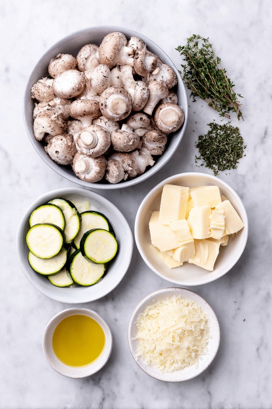 Skillet Zucchini and Mushrooms, healthy vegetable stir-fry, quick zucchini mushroom dish, easy veggie skillet recipe, versatile weeknight dinner - Flat lay of fresh small button mushrooms clustered naturally, two small zucchini sliced into thin half-moon shapes, a small yellow onion finely diced in a neat pile, a few peeled garlic cloves minced and arranged, fresh chopped green herbs including thyme and oregano sprigs, a small handful of bright green parsley leaves, a small pile of finely grated parmesan cheese, a small white ceramic bowl with golden olive oil, another small white bowl with creamy butter pats, and a third small white bowl filled with clear vegetable broth, all ingredients laid out symmetrically on a clean white marble surface, soft natural light, photo taken with an iPhone, professional food photography style, fresh ingredients, white ceramic bowls, no bottles, no duplicates, no utensils, no packaging --ar 2:3 --v 7 --p m7354615311229779997