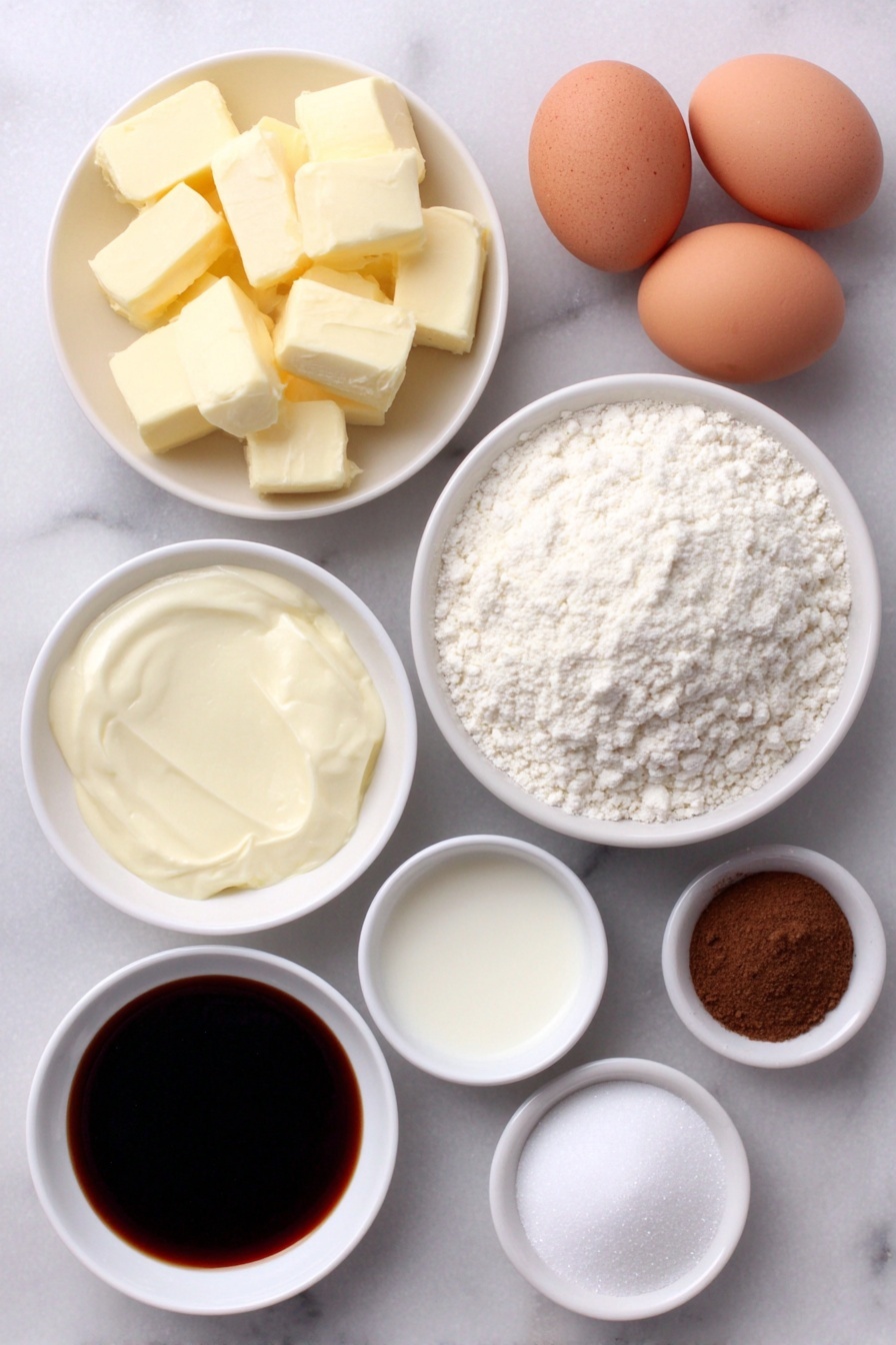 Cinnamon Donut Bread, easy cinnamon bread, soft cinnamon loaf, cinnamon sugar bread, comforting baked bread - Flat lay of a small white ceramic bowl filled with golden canola oil, a few chunks of unsalted butter softened to creamy texture, a small white bowl heaped with white granulated sugar, two whole brown eggs with smooth clean shells, a small white bowl of translucent vanilla extract, a neat pile of all-purpose flour on a white ceramic plate, a small white bowl of fine baking powder, a pinch of salt in a small white dish, a small white bowl filled with creamy buttermilk, a small white bowl containing warm brown ground cinnamon, and a tiny white bowl with dark glossy molasses all arranged symmetrically, placed on a clean white marble surface, soft natural light, photo taken with an iPhone, professional food photography style, fresh ingredients, white ceramic bowls, no bottles, no duplicates, no utensils, no packaging --ar 2:3 --v 7 --p m7354615311229779997