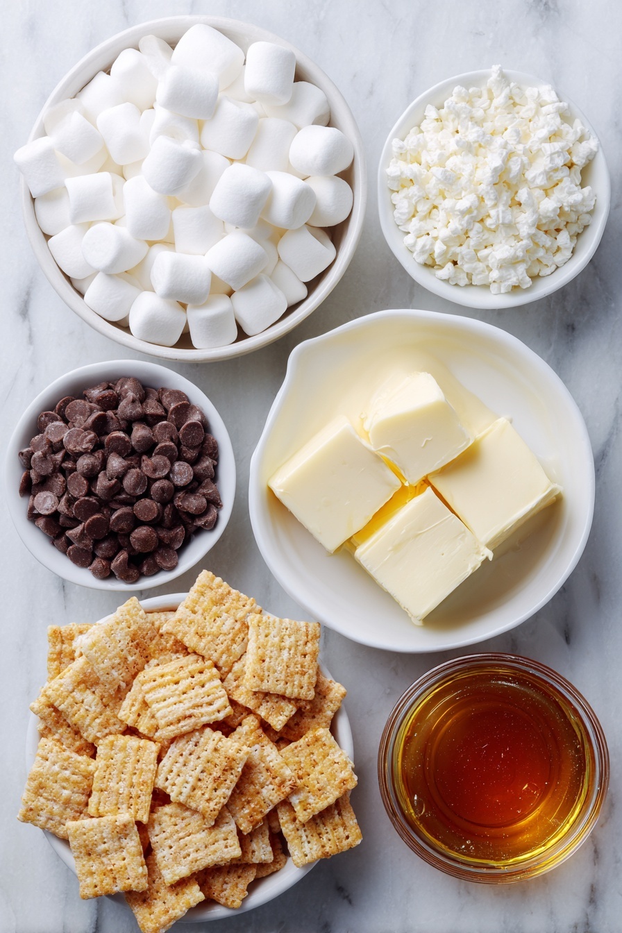 Golden Grahams s'mores bars, s'mores dessert bars, campfire s'mores treats, easy s'mores bars, no-bake cereal bars - Flat lay of mini white marshmallows scattered loosely, small pile of glossy milk chocolate chips, a few thick cubes of pale yellow butter, a small white ceramic bowl filled with clear golden corn syrup, a generous cluster of golden square Golden Grahams cereal pieces all arranged with perfect symmetry on a clean white marble surface, soft natural light, photo taken with an iPhone, professional food photography style, fresh ingredients, white ceramic bowls, no bottles, no duplicates, no utensils, no packaging --ar 2:3 --v 7 --p m7354615311229779997