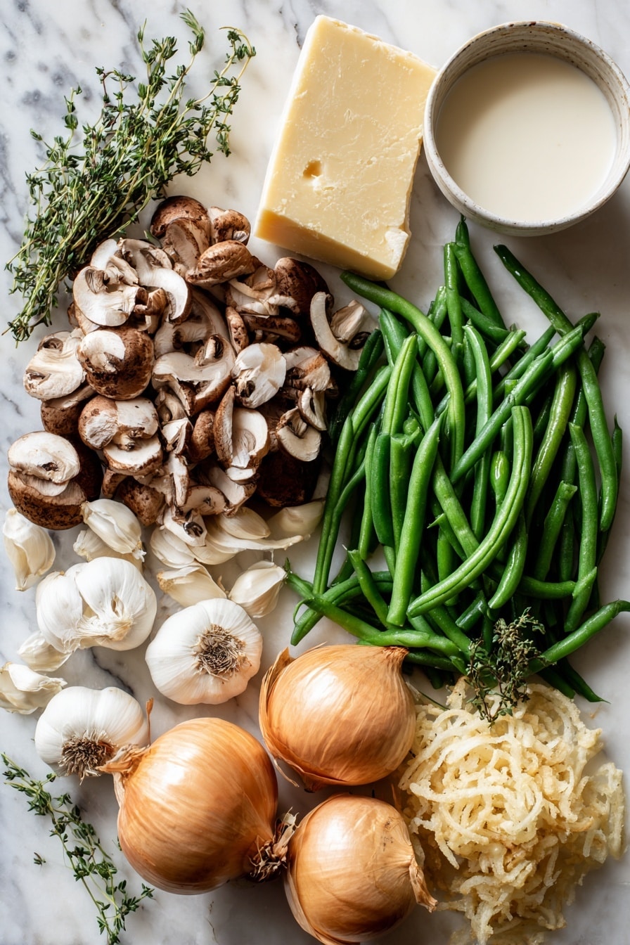 Creamy Mushroom Green Bean Casserole with Crispy Onions, green bean casserole, mushroom side dish, holiday green bean casserole, crispy onion casserole - Flat lay of fresh green beans trimmed and halved, sliced cremini mushrooms with their smooth, brown caps, whole garlic cloves with papery white skin, sprigs of fresh thyme with tiny green leaves, a wedge of pale yellow Parmesan cheese showing its textured rind, whole yellow onions with golden brown skin, crisp French fried onions with a light golden color and crunchy texture, and a small bowl of creamy milk with a smooth white surface, all beautifully arranged in natural clusters and scattered artfully, placed on white marbled surface, photo taken with an iphone --ar 2:3 --v 7