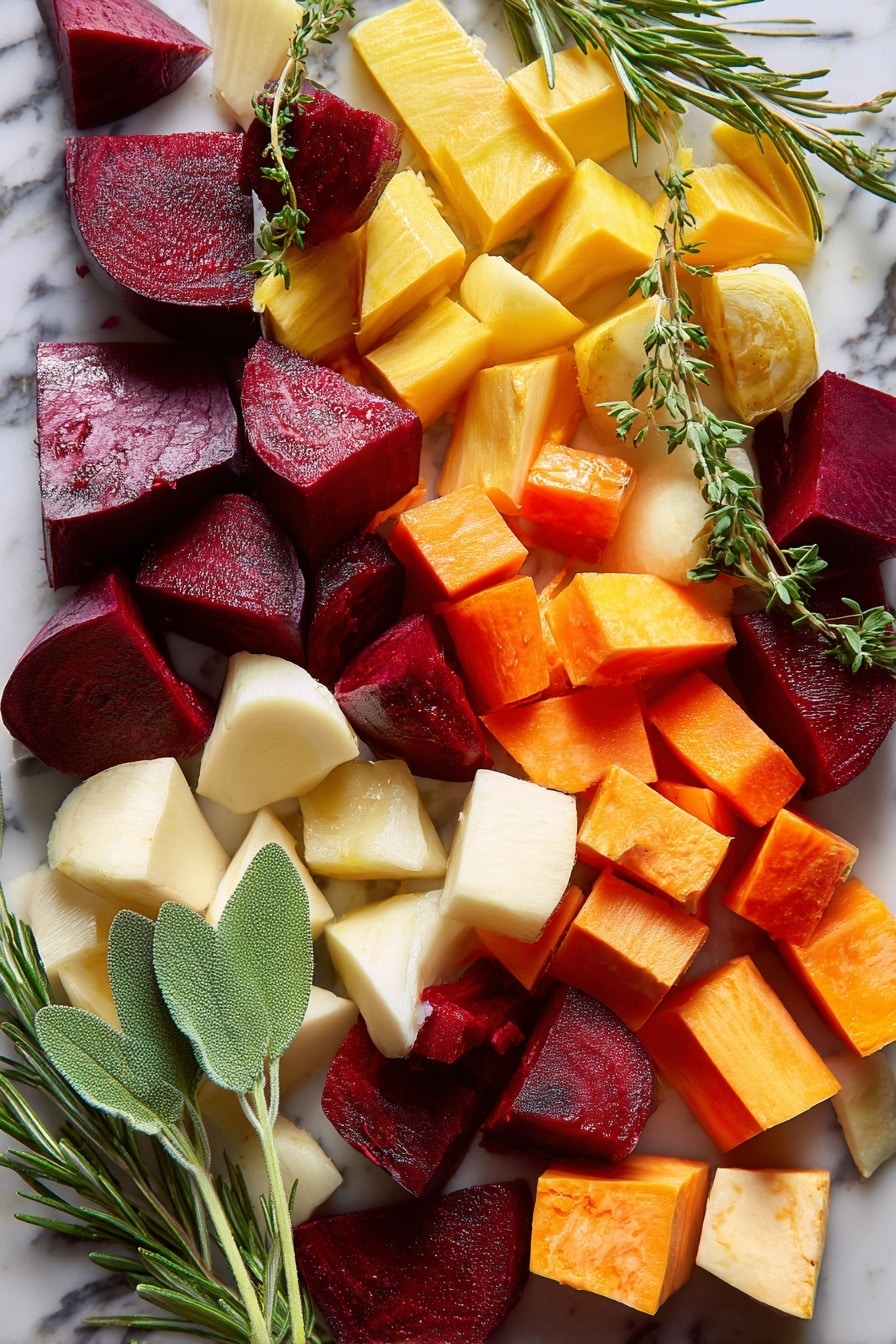 Roasted Root Vegetables with Crispy Sage and Sage Oil, autumn vegetable side dish, crispy sage garnish, sage infused oil, healthy roasted vegetable recipe - Flat lay of vibrant red and golden beets peeled and cut into chunks, bright orange carrot slices with smooth edges, pale cream parsnip pieces, rich orange sweet potato cubes, and soft white turnip chunks, all fresh and raw. Scattered among them are sprigs of fresh green rosemary, sage leaves with a velvety texture, and delicate thyme leaves. A few crisp, deep green sage leaves add contrast, their texture slightly crinkled. The ingredients are naturally and loosely arranged to show off their earthy colors and textures, placed on white marbled surface, photo taken with an iphone --ar 2:3 --v 7