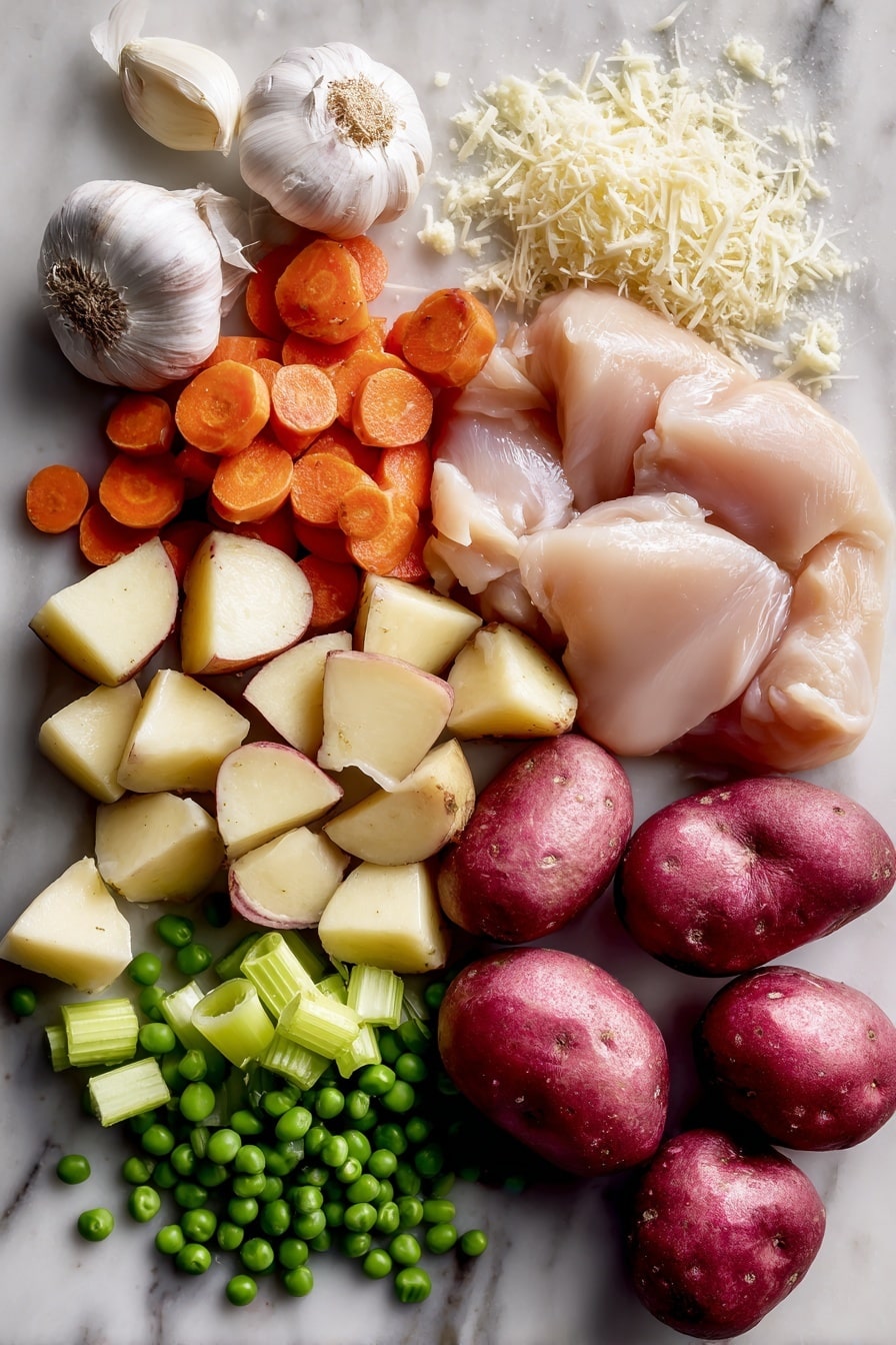 Slow Cooker Garlic Parmesan Chicken Stew, easy Italian chicken stew, creamy chicken slow cooker recipe, hearty chicken stew with garlic and Parmesan, simple weeknight chicken dinner - Flat lay of fresh red potatoes cut into chunky pieces showing their smooth red skin and creamy white inside, bright orange carrot slices with a slightly glossy texture, crisp light green celery stalks with visible veins, finely chopped pale yellow onion pieces, three whole garlic cloves with papery white skins and a few peeled cloves showing smooth surfaces, plump raw chicken breasts with a soft pale pink color and moist texture, vibrant green frozen peas scattered naturally, and a small mound of grated Parmesan cheese with a snowy white color and crumbly texture, arranged beautifully with a mix of round, elongated, and irregular shapes, placed on white marbled surface, photo taken with an iphone --ar 2:3 --v 7