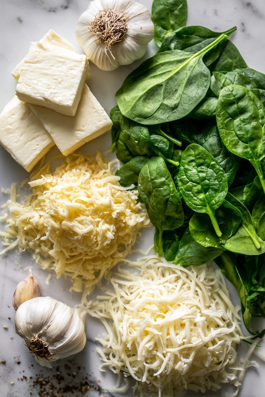 Baked Spinach Dip, spinach dip appetizer, cheesy spinach dip, easy spinach dip recipe, crowd-pleasing spinach dip - Flat lay of fresh bright green spinach leaves with delicate veins, creamy white blocks of cream cheese with smooth texture, whole garlic cloves showing their off-white papery skins, a small pile of grated pale yellow parmesan cheese with fine, flaky texture, shredded asiago cheese strands in soft golden hues, a neat mound of shredded white mozzarella cheese, fresh sprigs of bright green herbs, and scattered specks of dried onion powder, all beautifully arranged to create a fresh and inviting contrast, placed on white marbled surface, photo taken with an iphone --ar 2:3 --v 7
