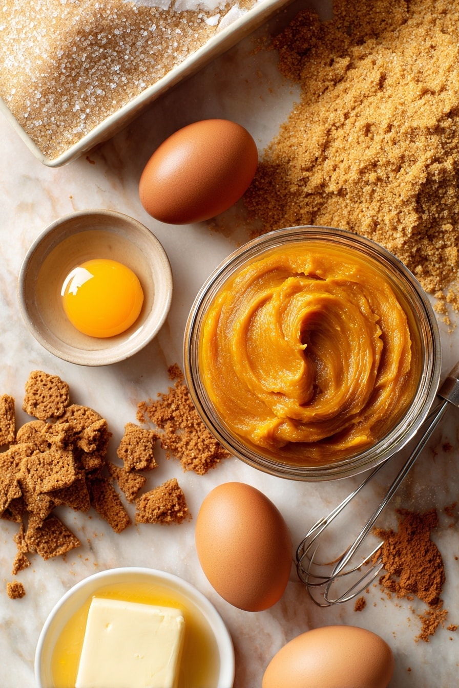 Pumpkin Dump Cake, easy pumpkin dessert, fall dessert recipes, quick pumpkin cake, pumpkin comfort food - Flat lay of bright orange pumpkin puree in a glass jar, smooth and vibrant; golden yellow cake mix spilling gently from an open box; glossy light brown sugar crystals heaped in a small pile; three fresh brown eggs with smooth shells; warm golden melted butter in a small dish; rough-textured coarsely crushed graham crackers scattered naturally; rich amber toffee bits glistening softly; and aromatic pumpkin pie spice with a warm brown color sprinkled delicately nearby, all arranged organically with varying textures and colors that complement each other, placed on white marbled surface, photo taken with an iphone --ar 2:3 --v 7