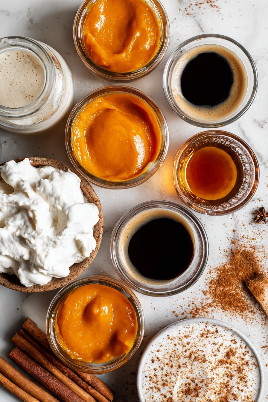 Vegan Pumpkin Spice Latte, dairy-free pumpkin spice drinks, fall vegan coffee recipes, plant-based pumpkin latte, cozy vegan hot beverages - Flat lay of smooth, bright orange pumpkin puree dollops, rich amber maple syrup in glistening small pools, warm brown cinnamon sticks, ground cinnamon and specks of nutmeg and ginger powder sprinkled softly, creamy white oat milk gently poured in a clear small jar, dark roasted espresso shots in tiny glass vessels, and a fluffy swirl of white dairy-free whipped cream with a light dusting of pumpkin pie spice, all naturally arranged with a cozy autumn feel, placed on white marbled surface, photo taken with an iphone --ar 2:3 --v 7
