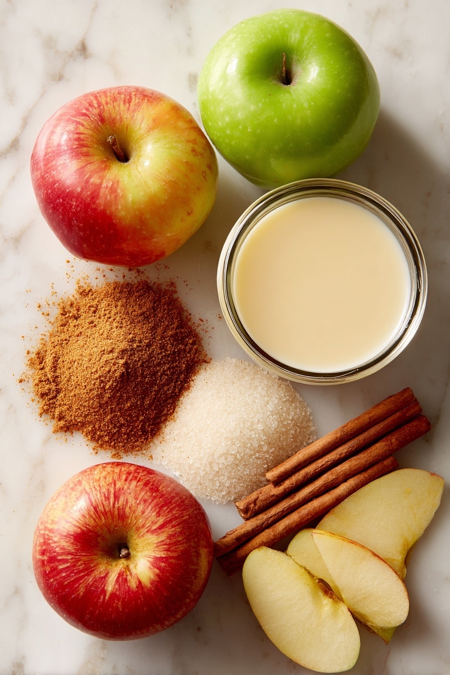 Crispy Apple Fritters with Sweet Vanilla Glaze, apple fritter recipe, easy apple fritters, homemade apple fritters, crunchy apple treats - Flat lay of two whole crisp apples—one Granny Smith with bright green skin and one Honeycrisp showing a blend of red and yellow hues—next to a small mound of ground cinnamon with its warm reddish-brown color, a glass container of smooth pale yellow unsweetened applesauce, a small pile of fine granulated white sugar crystals, and a cup of creamy off-white soy milk. The ingredients are naturally spaced with a few apple slices fanned out to show their juicy texture alongside a scattering of cinnamon sticks with rough bark texture. All placed on white marbled surface, photo taken with an iphone --ar 2:3 --v 7