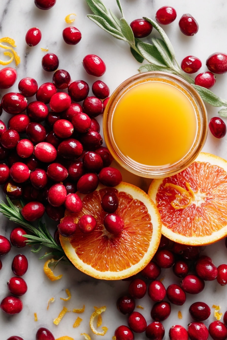 Easy Cranberry Sauce with Orange Juice, cranberry sauce recipes, homemade cranberry sauce, orange-infused cranberry sauce, holiday cranberry sauce - Flat lay of fresh, plump red cranberries with their glossy skin, vibrant orange slices showing juicy segments and bright orange zest curls, a small glass container of golden-orange juice catching the light, and a few sprigs of fresh green herbs for contrast, all arranged naturally with scattered cranberries and zest flakes adding texture, placed on white marbled surface, photo taken with an iphone --ar 2:3 --v 7