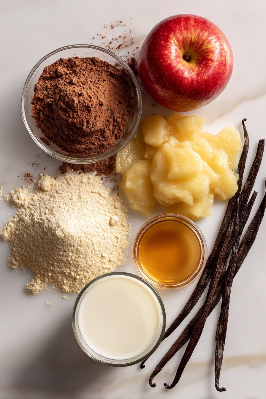 Gluten Free Vegan Chocolate Cake, gluten free vegan dessert, vegan chocolate cake, gluten free chocolate cake recipe, vegan cake without gluten - Flat lay of rich natural unsweetened cocoa powder in a neat pile, a small mound of light beige gluten free flour mix with a soft powdery texture, smooth and glossy dark brown granulated sugar crystals, a fresh whole bright red apple beside a small bowl of golden unsweetened applesauce with a silky texture, a clear glass cup filled with creamy white soy milk, a small cluster of pale golden baking soda crystals, translucent amber apple cider vinegar in a delicate pool, and a small bunch of fresh green vanilla bean pods arranged casually together, placed on white marbled surface, photo taken with an iphone --ar 2:3 --v 7