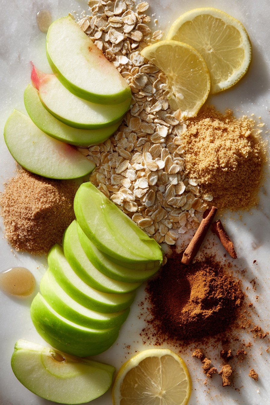 Gluten Free Vegan Apple Crumble Pie, vegan apple dessert, gluten-free apple pie, vegan crumble dessert, healthy apple pie recipe - Flat lay of a mix of Granny Smith and Pink Lady apples sliced thin with their bright green and rosy pink skins contrasting against the pale creamy flesh, scattered raw rolled oats showing their soft, slightly rough texture, a small heap of golden almond flour with a fine, sandy look, warm brown piles of light and dark brown sugar crystals sparkling gently, a small mound of ground cinnamon in rich reddish-brown powder form, freshly grated nutmeg shavings with a light tan color, a couple of fresh lemon wedges with vibrant yellow skin and juicy interiors, and a few drops of clear vanilla extract glistening softly, all beautifully arranged with natural spacing and slight overlaps to create depth, placed on white marbled surface, photo taken with an iphone --ar 2:3 --v 7