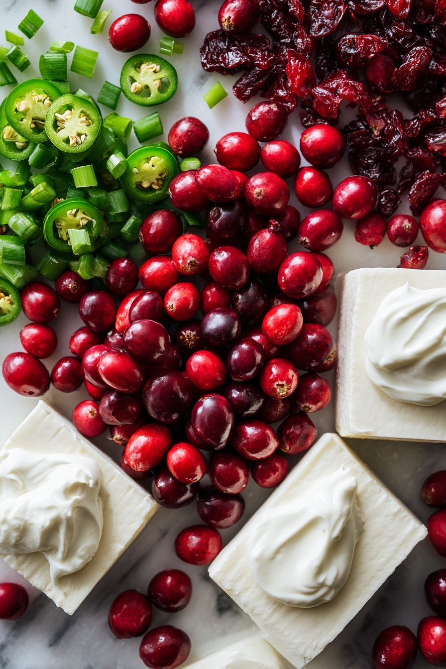 Cranberry Jalapeno Dip, holiday dip with cranberries and jalapenos, spicy and sweet dip, easy vegan dip recipes, festive party dip - Flat lay of bright red fresh cranberries and deep red dried cranberries scattered naturally beside vibrant green chopped green onions and sliced bright green jalapeno peppers with smooth white vegan cream cheese blocks and dollops of creamy white vegan yogurt, all showing contrasting textures and rich colors, placed on white marbled surface, photo taken with an iphone --ar 2:3 --v 7