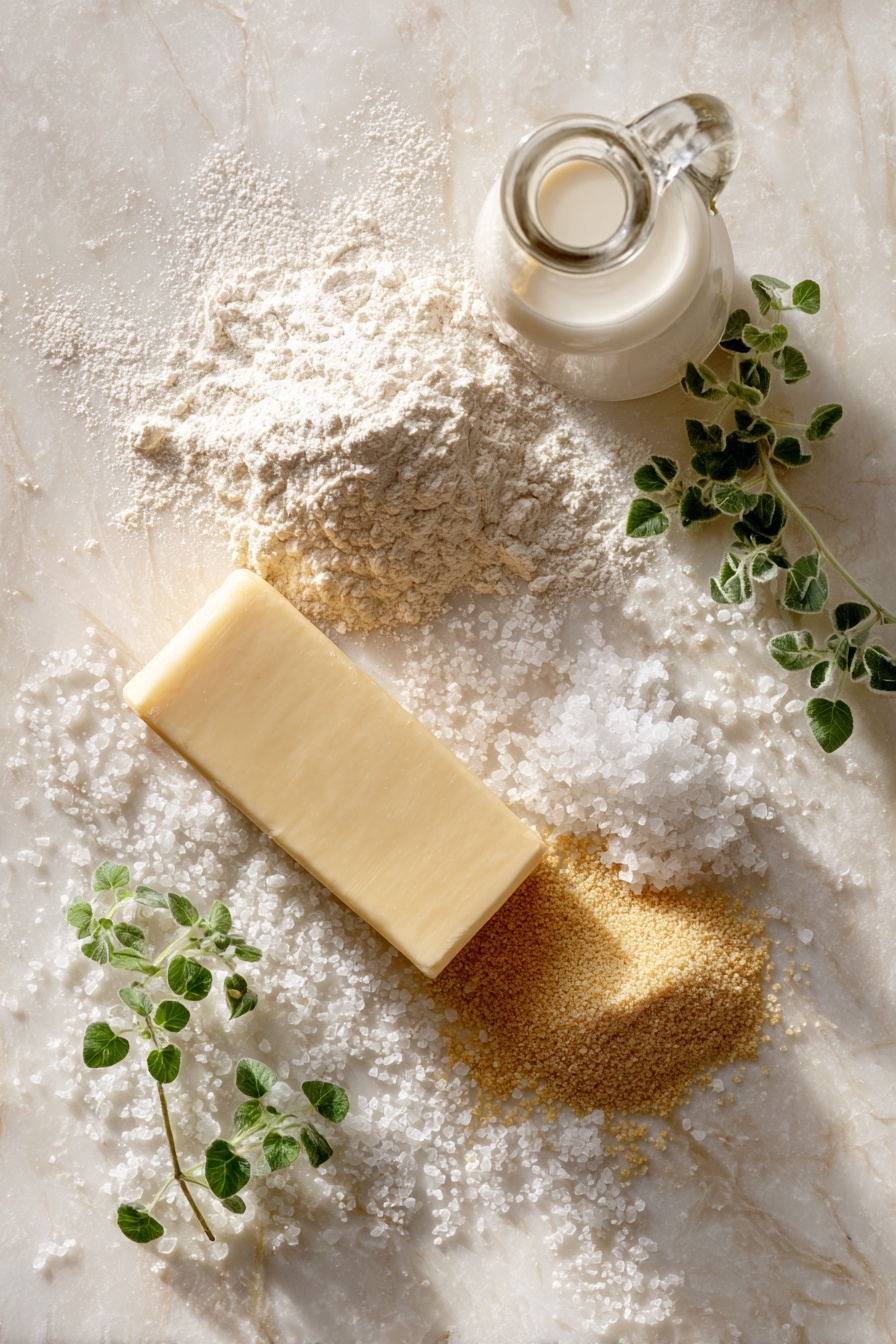 Vegan Dinner Rolls, vegan bread rolls, fluffy plant-based dinner rolls, homemade vegan buns, easy vegan bread - Flat lay of a small pile of smooth white all-purpose flour, a golden block of soft vegan butter with a slightly creamy texture, a small mound of light tan instant rapid rise yeast granules, a clear glass bottle of unsweetened creamy soy milk pouring gently, a scattering of sparkling white granulated sugar crystals, and a few fresh sprigs of green herbs for contrast, all naturally arranged with gentle shadows and soft light, placed on white marbled surface, photo taken with an iphone --ar 2:3 --v 7