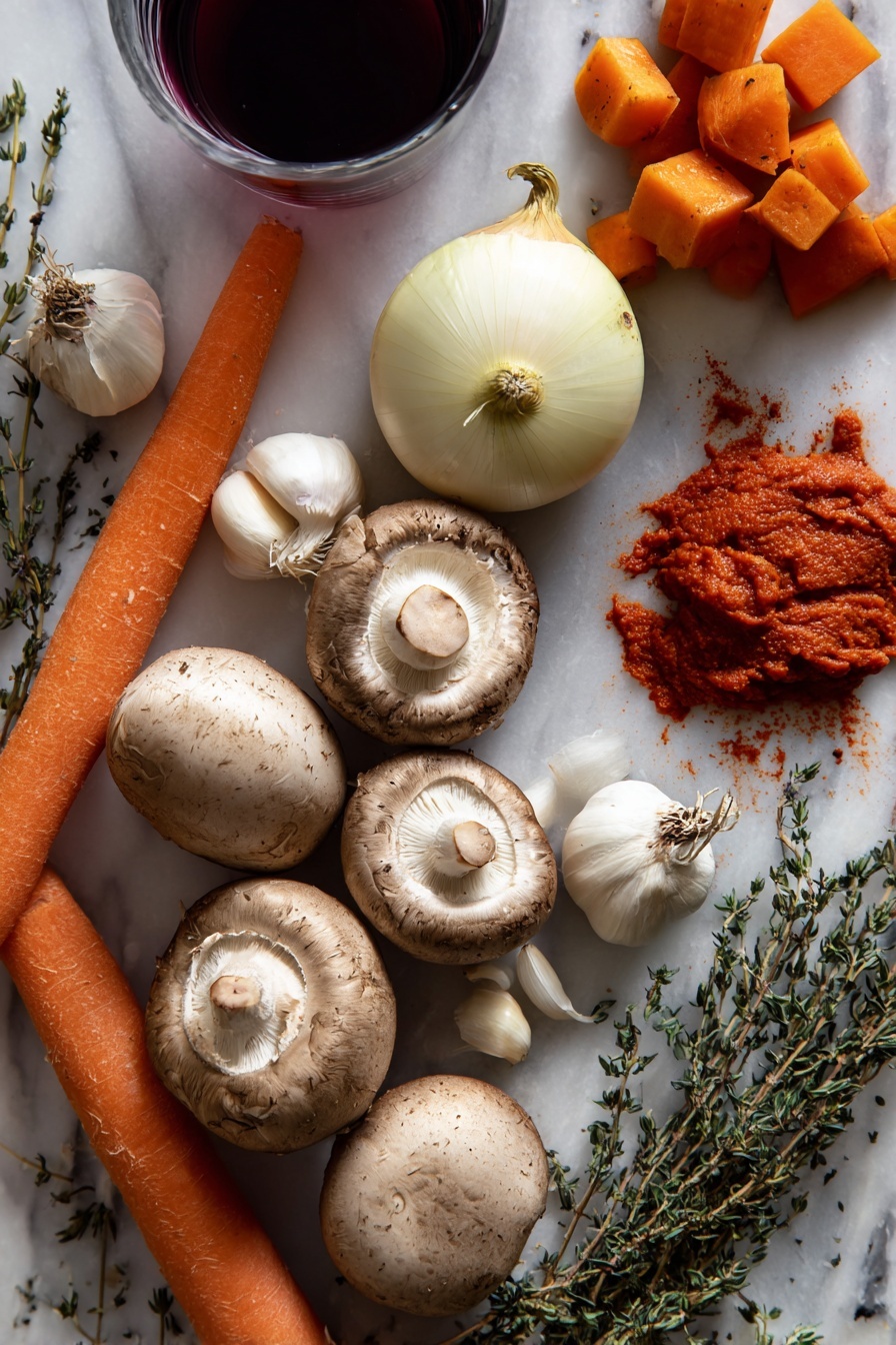 Mushroom Bourguignon, vegetarian mushroom stew, plant-based Bourguignon, French mushroom stew, hearty mushroom dinner - Flat lay of fresh cremini mushrooms with their smooth brown caps and creamy white stems, large peeled and chunky bright orange carrots, a whole sweet onion with its shiny pale yellow skin, several cloves of garlic with papery white skins, a small bunch of dried thyme and oregano sprigs with muted green leaves, a rich deep red splash of Pinot Noir wine in a glass container, and a dollop of thick, vibrant red tomato paste in a small heap, all naturally arranged with slight overlaps and varied angles to show texture and color contrast, placed on white marbled surface, photo taken with an iphone --ar 2:3 --v 7