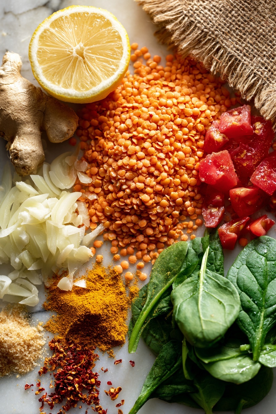 Red Lentil Dahl, quick and easy lentil dahl, healthy vegetarian dinner, comforting weeknight meal, flavorful vegan lentil dish - Flat lay of bright orange dried red lentils spilling slightly from a rustic burlap, a cluster of fresh, vibrant green baby spinach leaves with delicate veins, a halved lemon showing its juicy, pale yellow interior, plump red diced tomatoes glistening with natural moisture, a whole yellow onion with papery skin alongside finely chopped onion pieces, fresh garlic cloves with smooth white skins and some peeled, thin strips of pale beige fresh ginger root with its rough texture, scattered warm brown garam masala powder and vivid golden turmeric powder forming soft piles, and small red chili flakes adding a pop of color, all beautifully arranged with natural spacing and slight overlaps, placed on white marbled surface, photo taken with an iphone --ar 2:3 --v 7