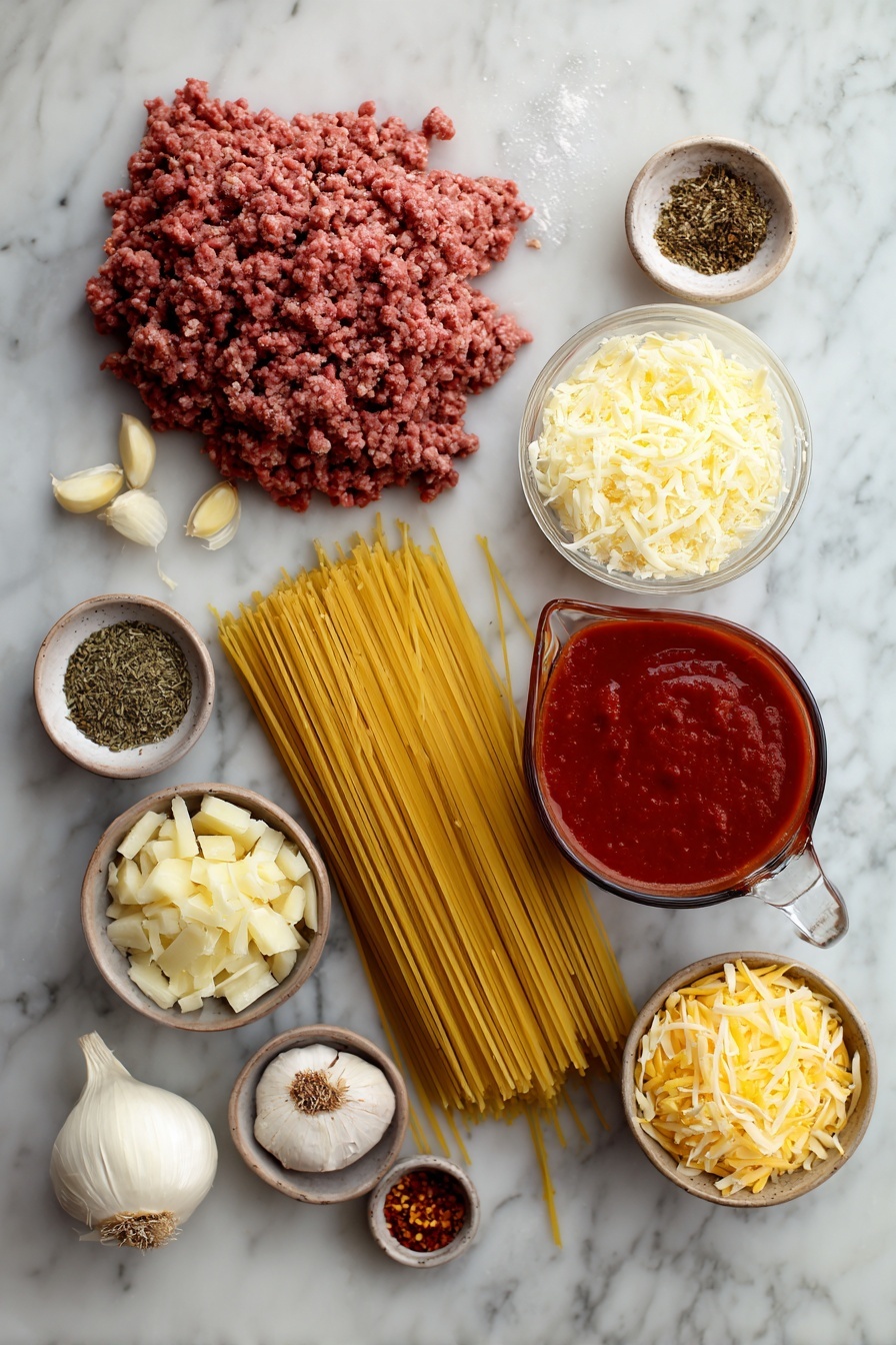 Easy Baked Spaghetti with Ground Beef and Cheesy Topping, baked spaghetti recipes, cheesy baked pasta, ground beef pasta bake, comfort food dinner ideas - Flat lay of a large bundle of uncooked spaghetti, a mound of lean ground beef, half a small chopped onion, four garlic cloves, a small bowl of dried oregano, a small dish with red pepper flakes, a generous pitcher of marinara sauce, a small bowl each of shredded mozzarella and shredded cheddar cheeses, and a small pile of freshly grated parmesan cheese, all placed on a white marble surface, photo taken with an iphone --ar 2:3 --v 7