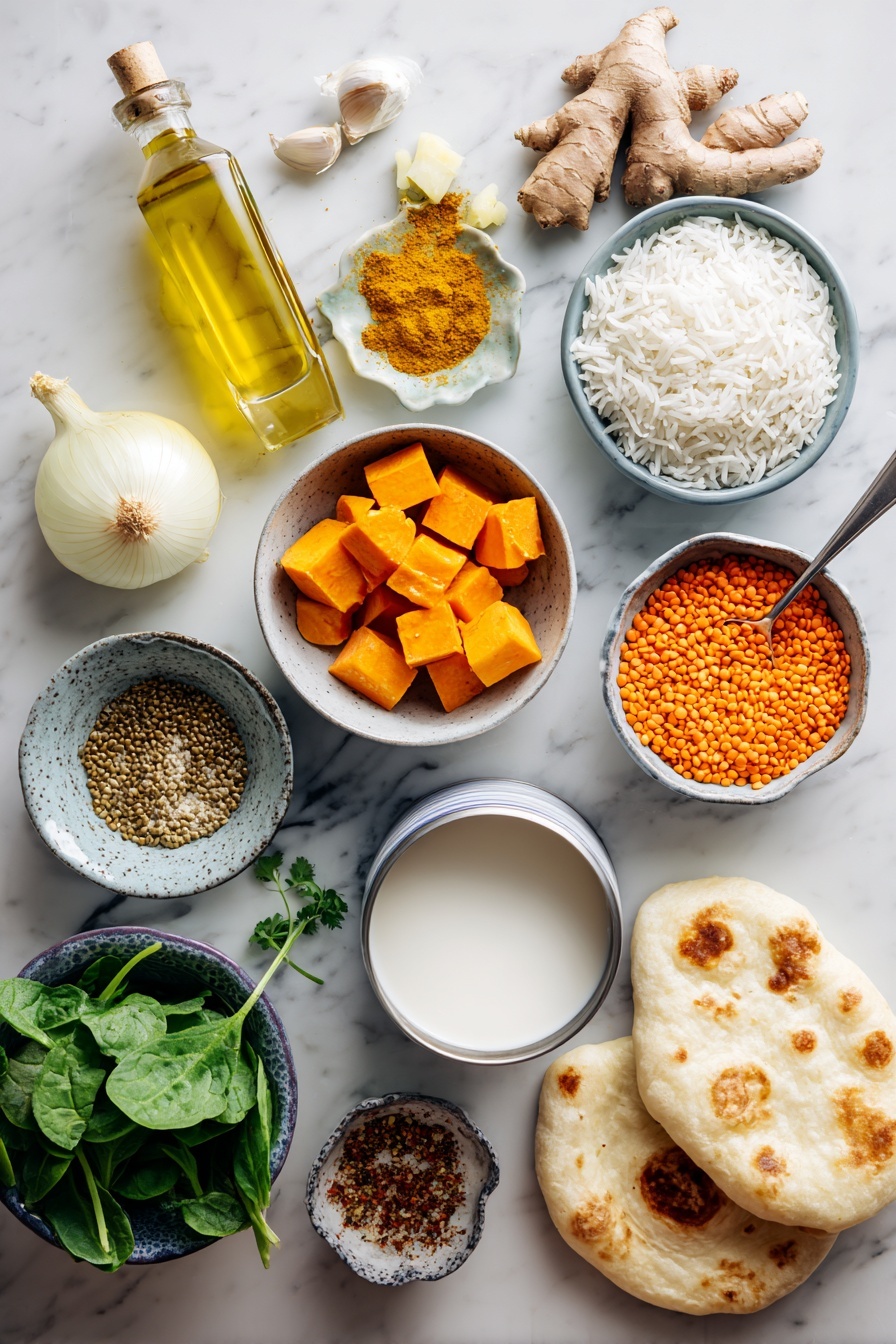 Coconut Sweet Potato Lentil Soup with Rice, healthy comforting soup, vegan curry soup, easy vegetarian lentil soup, hearty coconut potato soup - Flat lay of a small bottle of extra virgin olive oil, half a yellow onion chopped, a small piece of grated fresh ginger, two cloves of garlic peeled and minced, two whole peeled and cubed sweet potatoes, a small bowl of yellow curry powder, a pinch of cayenne pepper in a tiny dish, a cup of dried red lentils, an opened can of coconut milk partially poured out, a handful of fresh baby spinach leaves, a small bowl of cooked basmati rice, a small bunch of fresh cilantro chopped, and a piece of fresh naan bread, all placed on a white marble surface, photo taken with an iphone --ar 2:3 --v 7
