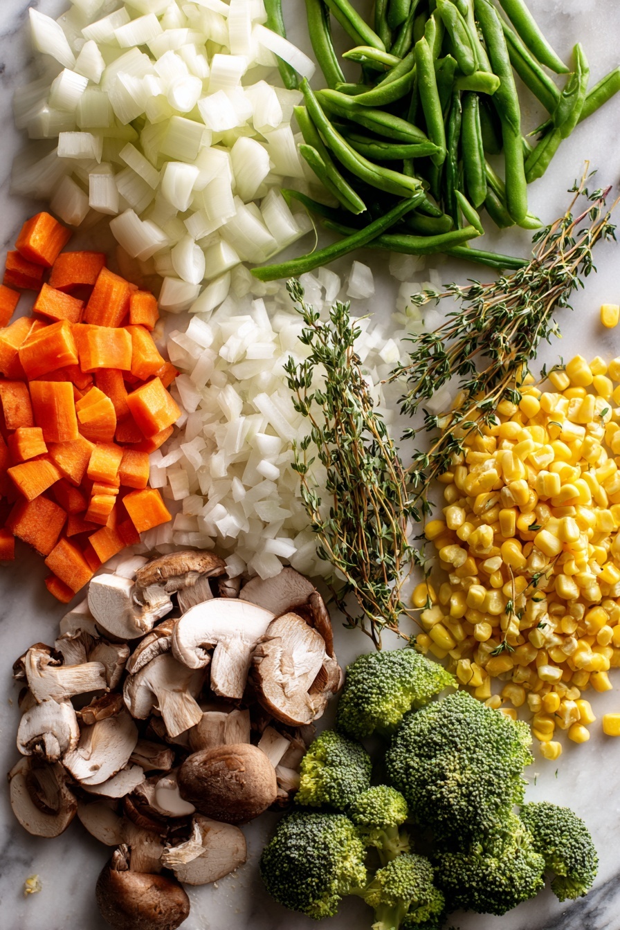 Creamy Vegetable Soup, vegetable soup recipe, healthy creamy soup, easy vegetable soup, comfort food recipes - Flat lay of diced white onion, sliced celery ribs, whole bright orange carrots, minced garlic cloves, fresh green beans, sliced brown mushrooms, vibrant green broccoli florets, and golden yellow corn kernels, all beautifully arranged with sprigs of dried thyme and oregano scattered artfully, placed on a white marble surface, photo taken with an iphone --ar 2:3 --v 7