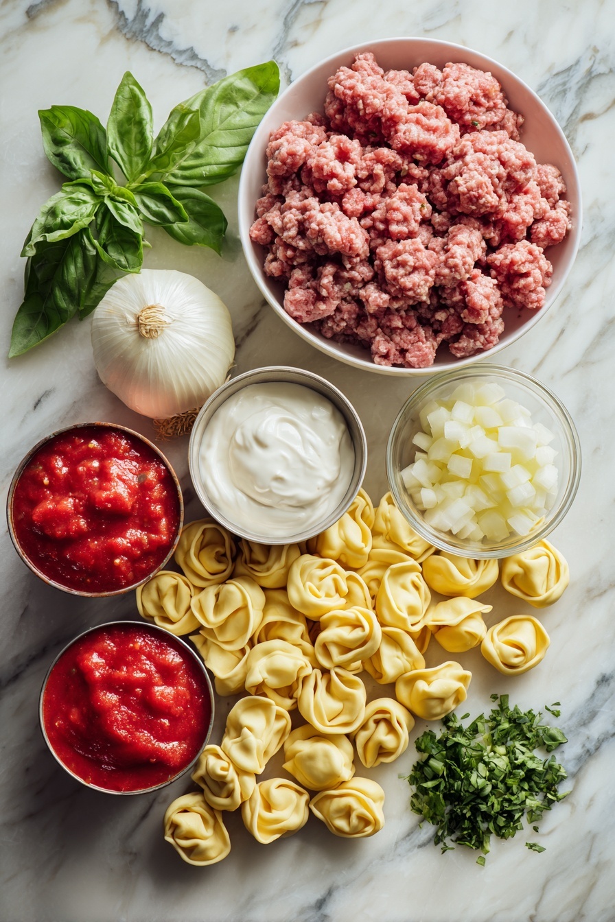 Sausage Tortellini Soup, easy sausage tortellini soup, creamy sausage tortellini soup, hearty sausage pasta soup, quick weeknight dinner soup - Flat lay of fresh ground pork sausage piled loosely, a medium yellow onion diced into small cubes, several cloves of minced garlic, two cans of bright red fire roasted diced tomatoes spilled partially from their cans, plump cheese tortellini arranged in a neat cluster, a dollop of creamy sour cream, and vibrant green chopped fresh basil leaves scattered artfully, all placed on a white marble surface, photo taken with an iphone --ar 2:3 --v 7
