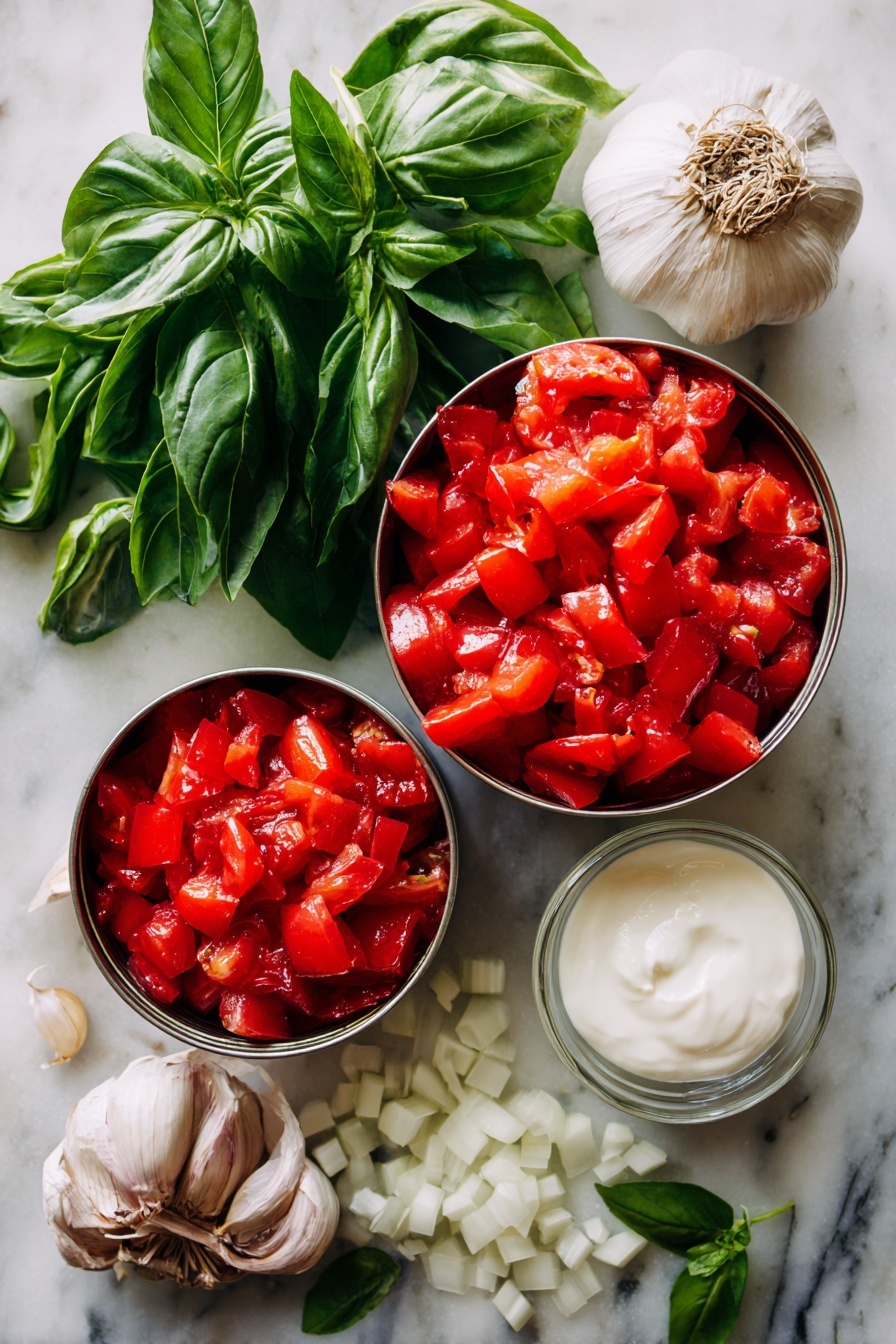 Easy Tomato Basil Soup, Tomato Basil Soup, Homemade Tomato Soup, Fresh Basil Soup, Simple Tomato Soup Recipe - Flat lay of bright red fire roasted diced tomatoes in their cans, fresh large green basil leaves, a medium diced white onion, several peeled garlic cloves, and a small glass bowl of creamy heavy cream, all beautifully arranged with a few scattered basil leaves and garlic cloves for texture, placed on a white marble surface, photo taken with an iphone --ar 2:3 --v 7