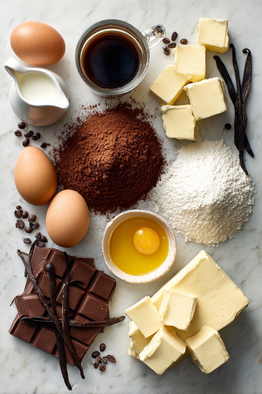 The Most Amazing Chocolate Cake, moist chocolate cake recipe, homemade chocolate cake, easy chocolate cake, rich chocolate dessert - Flat lay of rich unsweetened cocoa powder heaps, smooth golden vegetable oil in a small pool, fresh large brown eggs, creamy white buttermilk in a small jug, dark brewed coffee in a glass cup, vanilla bean pods with scattered vanilla seeds, soft cubes of pale yellow butter, blocks of white cream cheese, and a mound of fine powdered sugar, all beautifully arranged on a white marble surface, photo taken with an iphone --ar 2:3 --v 7