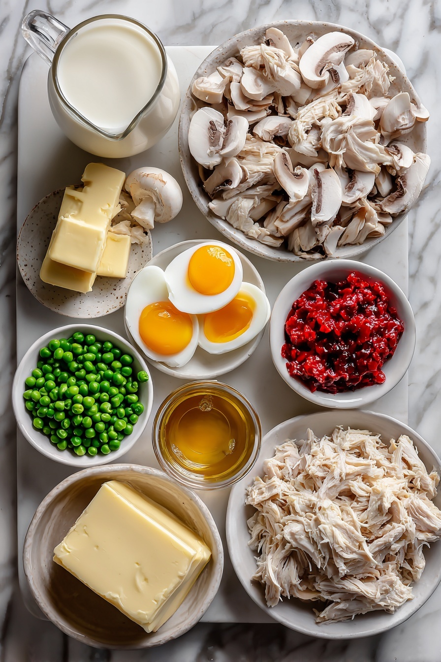 Classic Chicken a la King, Chicken a la King, creamy chicken dish, comforting chicken recipe, mushroom chicken dinner - Flat lay of shredded cooked chicken, sliced white mushrooms, bright green frozen peas, diced red pimientos, golden egg yolks, creamy heavy cream, whole butter block, fresh milk poured in a small glass jug, and a small bowl of rich chicken broth, all beautifully arranged on a white marble surface, photo taken with an iphone --ar 2:3 --v 7