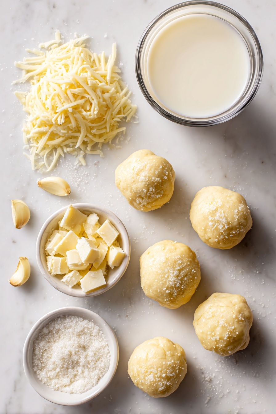 Cheesy Garlic Butter Pull Apart Rolls, cheesy garlic bread ideas, soft bread rolls with cheese and garlic, homemade pull apart bread recipes, easy cheesy bread rolls - Flat lay of soft dough balls with a smooth texture, shredded mozzarella cheese piled in small heaps, melted golden salted butter glistening, minced fresh garlic cloves, grated Parmesan cheese in a small mound, granulated sugar crystals sparkling subtly, and a cup of warm whole milk in a glass, all beautifully arranged on a white marble surface, photo taken with an iphone --ar 2:3 --v 7