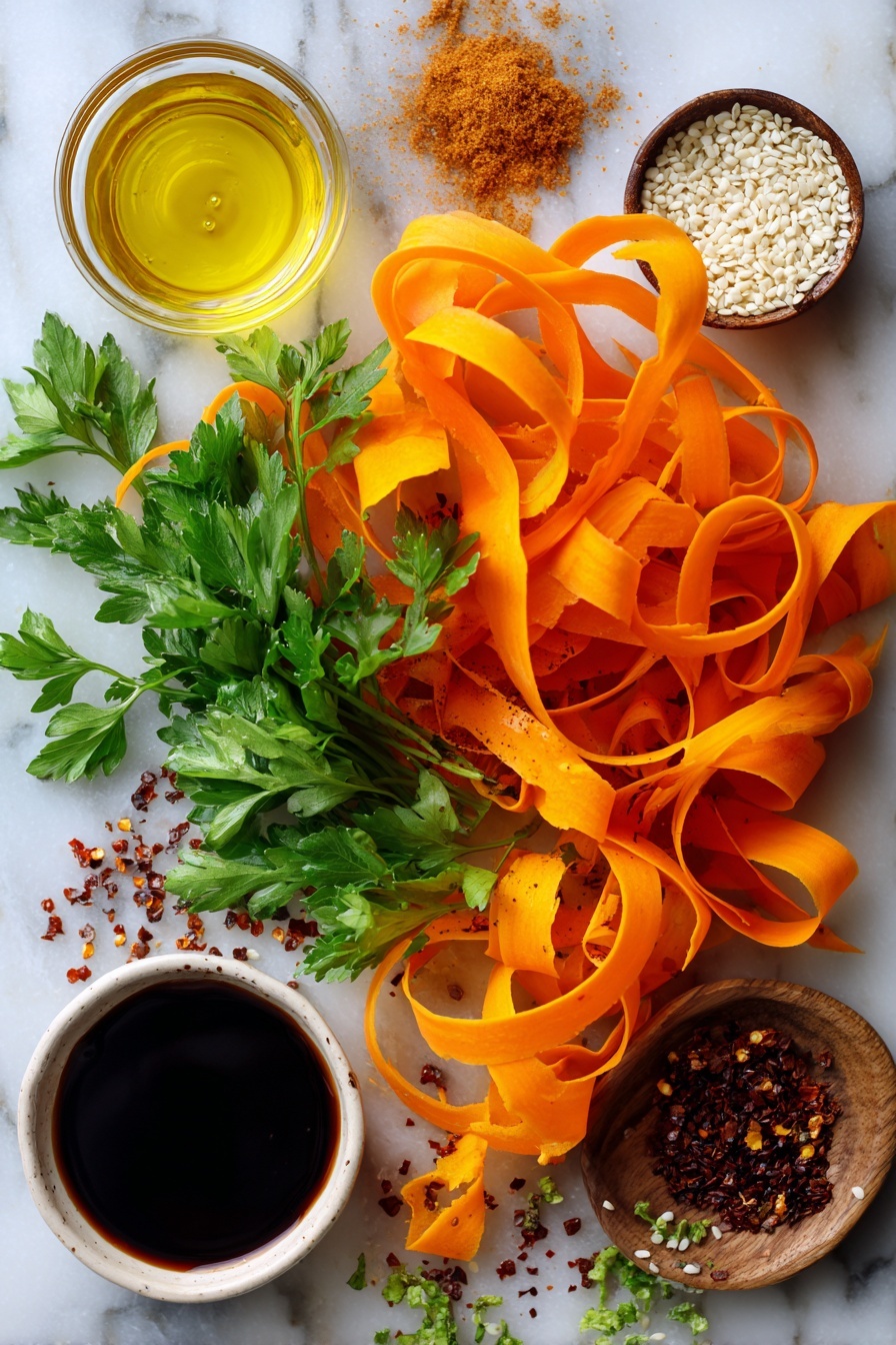 Raw Carrot Salad with Balsamic-Vinegar Dressing and Fresh Herbs, healthy carrot salad, quick veggie side dish, fresh herb salad, vegan carrot salad - Flat lay of thinly sliced bright orange carrot ribbons, fresh green parsley leaves roughly chopped, small piles of light brown maple syrup, glossy dark balsamic vinegar droplets, smooth golden apple cider vinegar, scattered white sesame seeds, and a few deep red crushed pepper flakes, all beautifully arranged on a white marble surface, photo taken with an iphone --ar 2:3 --v 7