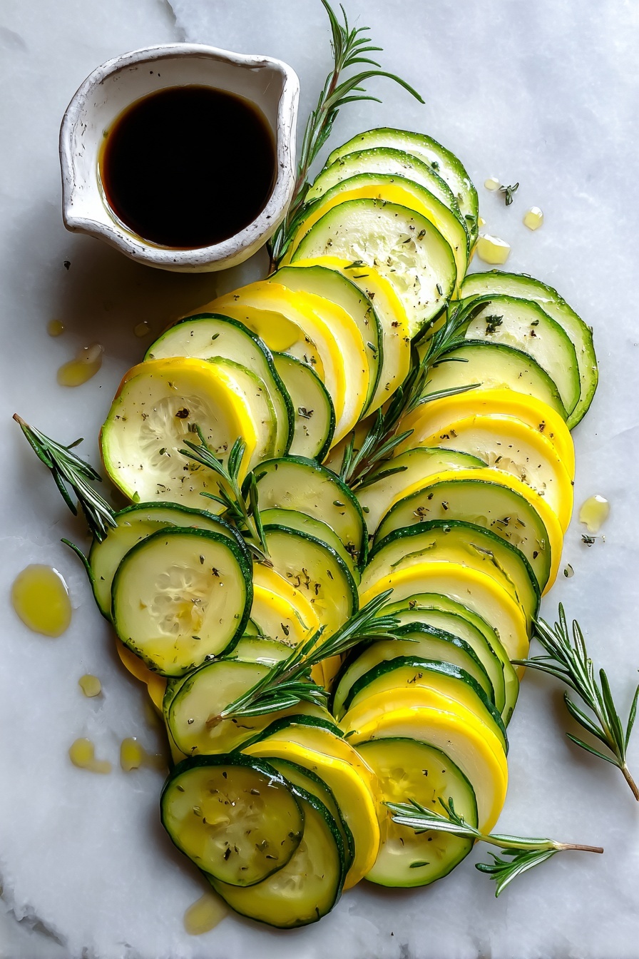 Zucchini and Yellow Squash Tart with Balsamic Drizzle, Summer Vegetable Tart, Easy Vegetable Tart Recipe, Savory Zucchini Tart, Balsamic Drizzle Tart - Flat lay of thinly sliced green zucchini and bright yellow squash arranged in neat overlapping rows, fresh sprigs of crushed rosemary scattered delicately, a small pool of glossy balsamic vinegar reflecting light, a drizzle of golden olive oil glistening on the vegetables, all placed on a white marble surface, photo taken with an iphone --ar 2:3 --v 7