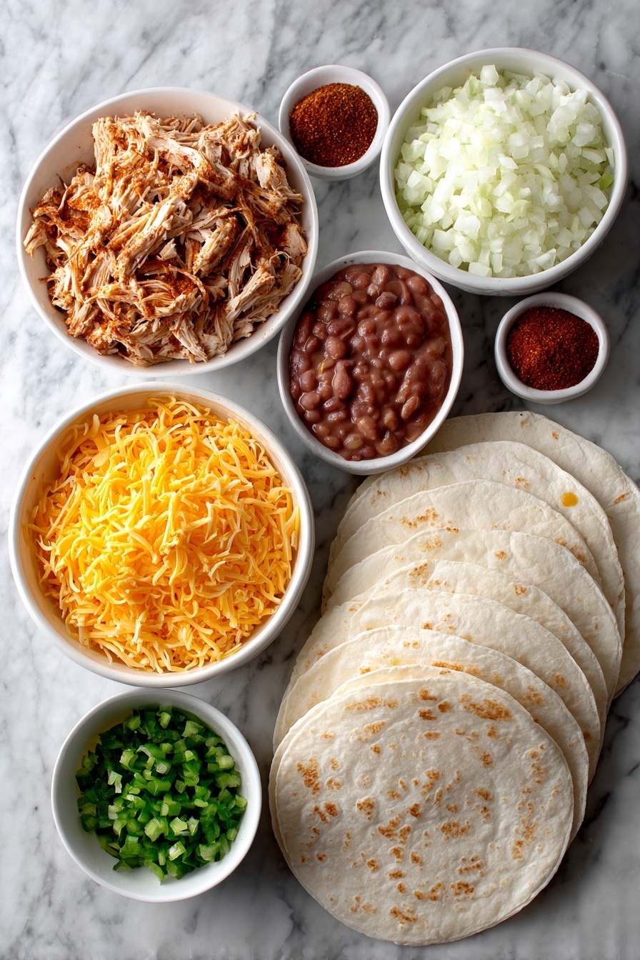 Air Fryer Chimichangas, crispy chimichangas, quick air fryer recipes, cheesy chimichangas, healthy Mexican appetizers - Flat lay of shredded cooked chicken, finely chopped white onion, diced green chiles, ground cumin and chili powder in small piles, refried beans dolloped with a smooth texture, shredded cheddar cheese mounded with vibrant orange color, and large soft flour tortillas gently folded, all beautifully arranged on a white marble surface, photo taken with an iphone --ar 2:3 --v 7