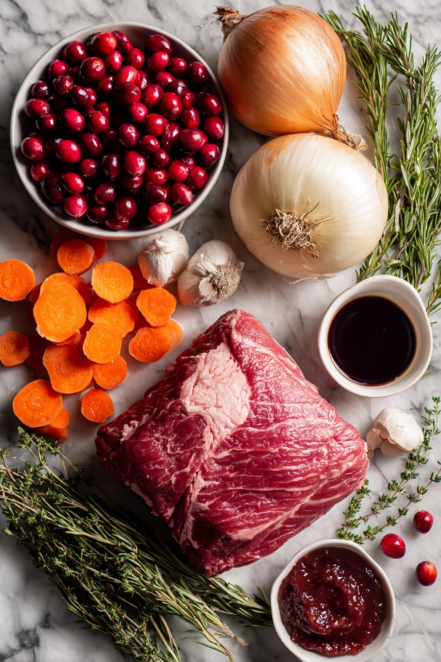 Cranberry Balsamic Roast Beef, roast beef with cranberries and balsamic, festive beef roast recipe, easy holiday roast beef, tender roast beef for dinner - Flat lay of a fresh beef roast, bright orange peeled and sliced carrots, a handful of vibrant red cranberries, a bulb of garlic with several cloves separated, a large sliced onion, sprigs of fresh thyme and rosemary, a small bowl of deep red tomato paste, and a small dish of balsamic vinegar, all beautifully arranged with natural light and shadows, placed on a white marble surface, photo taken with an iphone --ar 2:3 --v 7