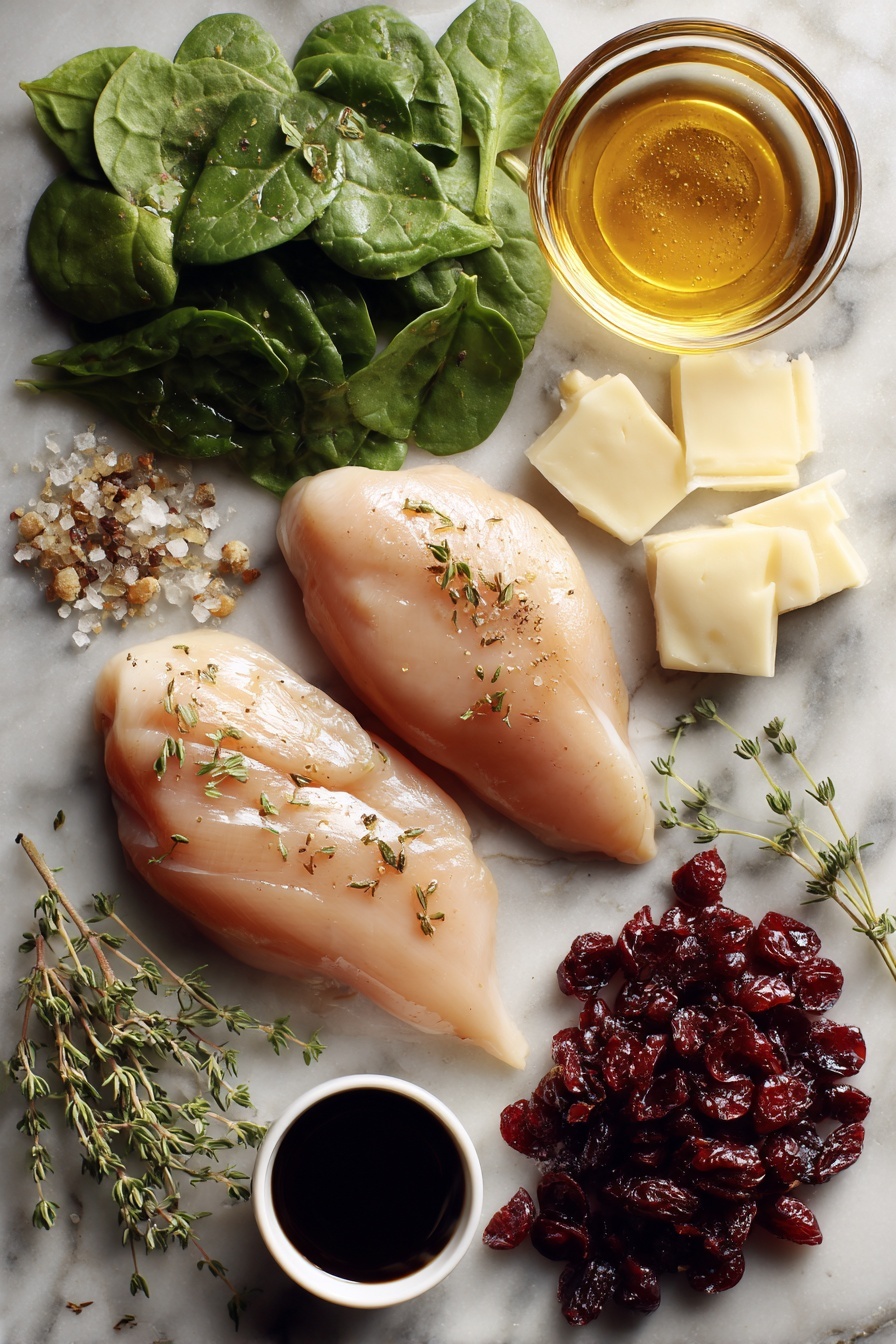 Cranberry & Spinach Stuffed Chicken Breasts with Brie, stuffed chicken breast recipes, easiest stuffed chicken, elegant chicken dinner ideas, quick holiday chicken dishes - Flat lay of fresh boneless skinless chicken breasts, vibrant chopped fresh spinach, plump dried cranberries, creamy slices of brie cheese, golden honey in a small pool, dark balsamic vinegar forming a glossy drop, a small heap of dried thyme, and a scattering of garlic powder, all beautifully arranged on a white marble surface, photo taken with an iphone --ar 2:3 --v 7