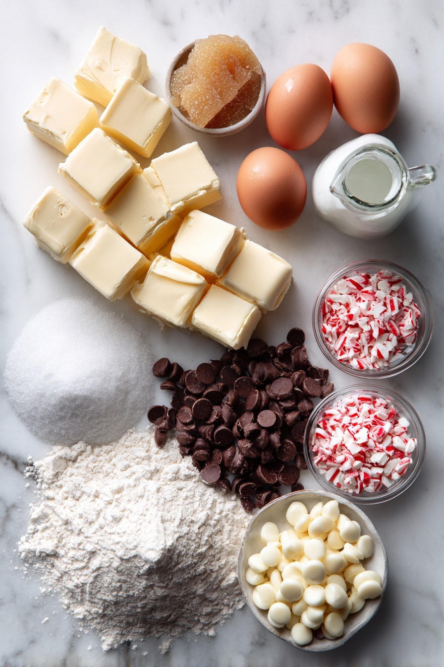 Winter Wonderland Chocolate Chip Cookies, festive holiday cookies, peppermint chocolate cookie recipe, chewy chocolate chip cookies with peppermint, holiday cookie ideas - Flat lay of rich unsalted butter cubes, golden brown sugar crystals, smooth white granulated sugar, glossy large brown eggs, tiny glass bottle of vanilla extract, white all-purpose flour mound, dark semi-sweet chocolate chips, creamy white chocolate chips, and crushed red-and-white peppermint candies, all beautifully arranged in neat clusters placed on a white marble surface, photo taken with an iphone --ar 2:3 --v 7