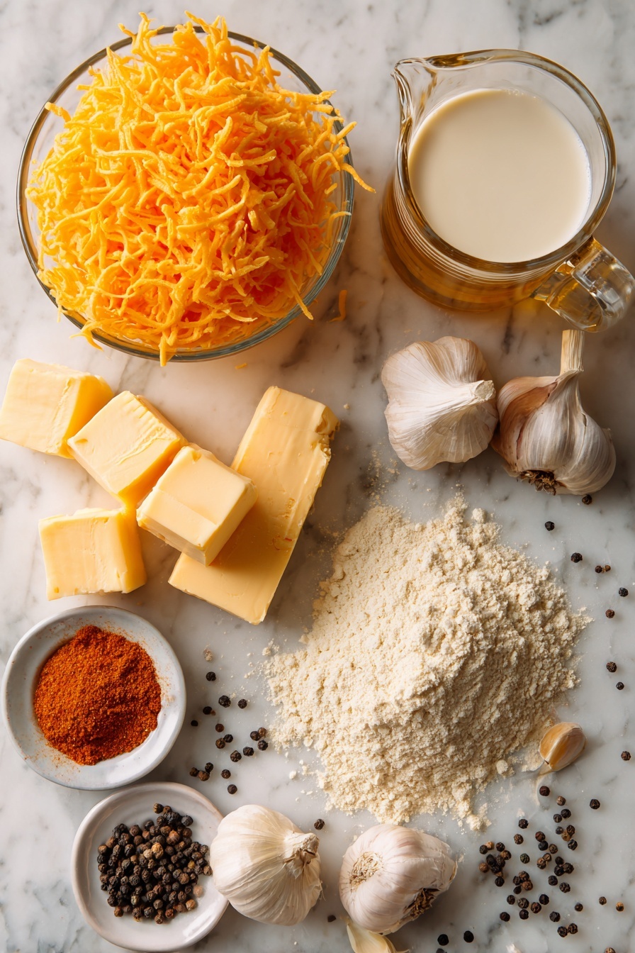 Vegan Beer Cheese, vegan beer cheese dip, plant-based beer cheese, dairy-free beer cheese recipe, vegan cheese sauces - Flat lay of bright orange shredded vegan cheddar cheese, a golden pour of pale IPA beer in a clear glass, a small mound of smooth vegan butter blocks, a pile of light beige all-purpose flour, a few scattered garlic cloves, a sprinkle of vibrant red cayenne powder, a handful of unsweetened almond milk in a clear jug, and scattered black peppercorns, all beautifully arranged on a white marble surface, photo taken with an iphone --ar 2:3 --v 7