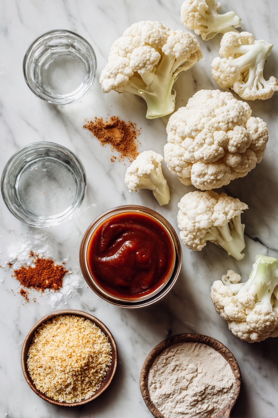 BBQ Cauliflower Wings, vegetarian BBQ wings, plant-based appetizer, crispy cauliflower bites, vegan BBQ snacks - Flat lay of fresh cauliflower florets with some stems attached, a small heap of golden panko breadcrumbs, a glass jar filled with rich reddish-brown barbecue sauce, a small pile of all-purpose flour dusted lightly, scattered garlic powder and onion powder spices, and a clear glass of water, all beautifully arranged on a white marble surface, photo taken with an iphone --ar 2:3 --v 7