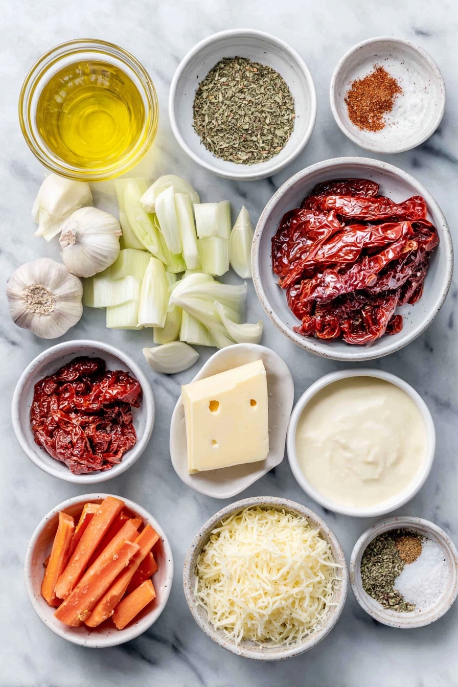 Roasted Red Pepper Gouda Soup, roasted red pepper soup, creamy red pepper soup, gouda cheese soup, easy roasted red pepper soup - Flat lay of a small white bowl of golden olive oil, a small white bowl of creamy butter, a small white bowl of bright red roasted peppers, a small white bowl of deep red sundried tomatoes, a small white bowl of smooth heavy cream, a small white bowl of freshly shredded smoked gouda cheese, a small white bowl of vegetable stock with a pale golden hue, one small white onion roughly chopped, three fresh orange carrots roughly chopped, two crisp green celery stalks roughly chopped, three cloves of garlic peeled and minced, a small white bowl of paprika powder, a small white bowl of mixed Italian seasoning herbs, a small white bowl of coarse salt, a small white bowl of freshly cracked black pepper, all ingredients arranged symmetrically in a balanced layout on a clean white marble surface, soft natural light, photo taken with an iPhone, professional food photography style, fresh ingredients, white ceramic bowls, no bottles, no duplicates, no utensils, no packaging --ar 2:3 --v 7 --p awthu7i m7354615311229779997