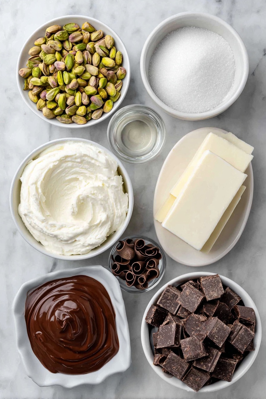 Pistachio Mousse with Chocolate Ganache, pistachio mousse dessert, chocolate ganache recipe, elegant pistachio dessert, easy mousse with chocolate - Flat lay of a small pile of shelled pistachios showing fresh green nuts, a neat mound of granulated sugar, a tiny white ceramic bowl with clear vanilla extract, a chilled white ceramic bowl filled with fluffy whipped heavy cream, a smooth oval of soft mascarpone cheese resting on a white ceramic plate, a neat pile of roughly chopped dark chocolate chunks, a small white ceramic bowl holding glossy dark chocolate ganache, a small white ceramic bowl with a cube of unsalted butter, a pinch of coarse sea salt flakes, delicate chocolate curls arranged artistically, and a few scattered whole raw pistachios as garnish—all perfectly arranged in balanced symmetry on a clean white marble surface, soft natural light, photo taken with an iPhone, professional food photography style, fresh ingredients, white ceramic bowls, no bottles, no duplicates, no utensils, no packaging --ar 2:3 --v 7 --p awthu7i m7354615311229779997