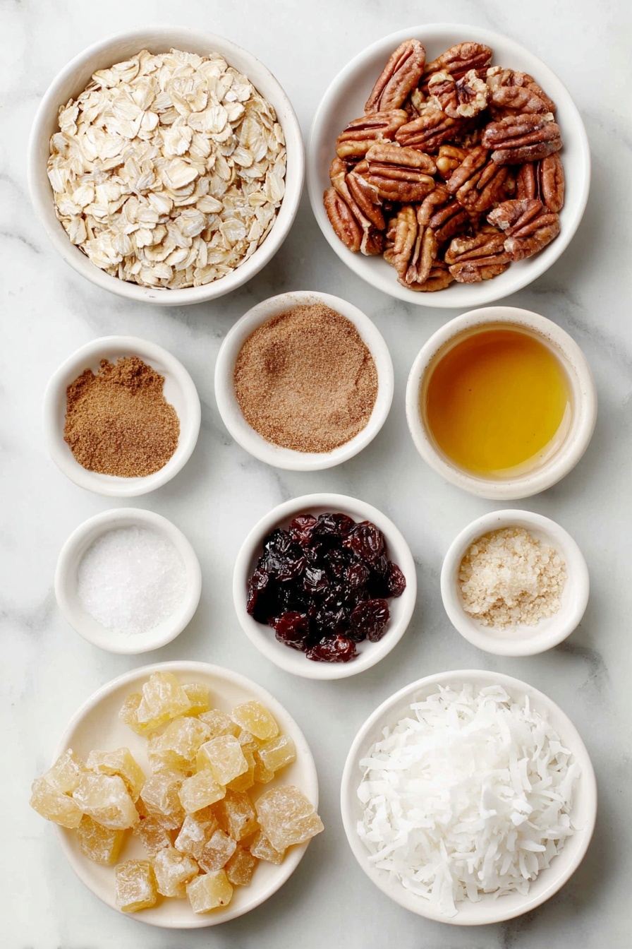 Gingerbread Granola, holiday granola recipes, healthy gingerbread snack, festive breakfast ideas, homemade granola with spices - Flat lay of old-fashioned rolled oats loosely spread in a small heap, a cluster of raw pecans and walnuts mixed together, a small white bowl of fine-grain sea salt, another small white bowl filled with ground cinnamon powder, a small white bowl containing ground ginger powder, a small white bowl with melted coconut oil shimmering softly, a small white bowl holding amber real maple syrup, a small white bowl with dark glossy molasses, a small white bowl of clear vanilla extract, a small white bowl heaped with large unsweetened white coconut flakes, scattered chopped dried cranberries with deep red tones, and chopped candied ginger pieces with light golden hues, all arranged with perfect symmetry on a clean white marble surface, soft natural light, photo taken with an iPhone, professional food photography style, fresh ingredients, white ceramic bowls, no bottles, no duplicates, no utensils, no packaging --ar 2:3 --v 7 --p awthu7i m7354615311229779997