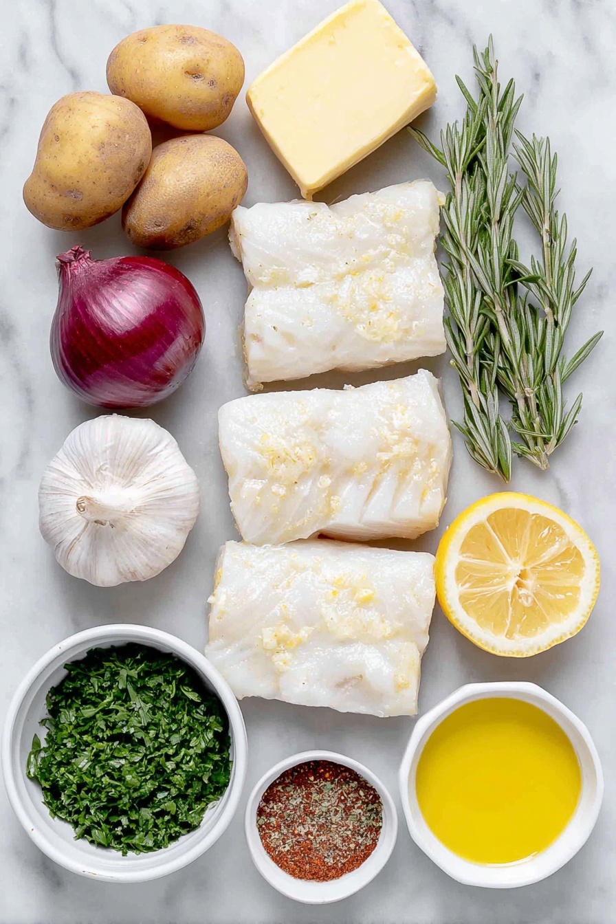 Cod & Potatoes in Rosemary Cream Sauce, cod and potato dinner, rosemary cream sauce recipe, easy seafood recipes, comforting fish and potato dishes - Flat lay of fresh Yukon gold potatoes cut into 1-inch pieces, a whole cod fillet divided into four portions with clean white flesh, three whole uncracked brown garlic cloves, one whole large shallot with smooth purple skin, two sprigs of fresh green rosemary, a whole bright yellow lemon with one half sliced, small white ceramic bowls containing extra-virgin olive oil, salted butter, heavy cream, light golden chicken stock, Dijon mustard, capers, and lemon juice, a small white bowl of fresh cracked black pepper and kosher salt, a small pile of vibrant minced flat leaf parsley, and a pinch of ground cayenne pepper, all arranged symmetrically with perfect balance on a clean white marble surface, soft natural light, photo taken with an iPhone, professional food photography style, fresh ingredients, white ceramic bowls, no bottles, no duplicates, no utensils, no packaging --ar 2:3 --v 7 --p awthu7i m7354615311229779997