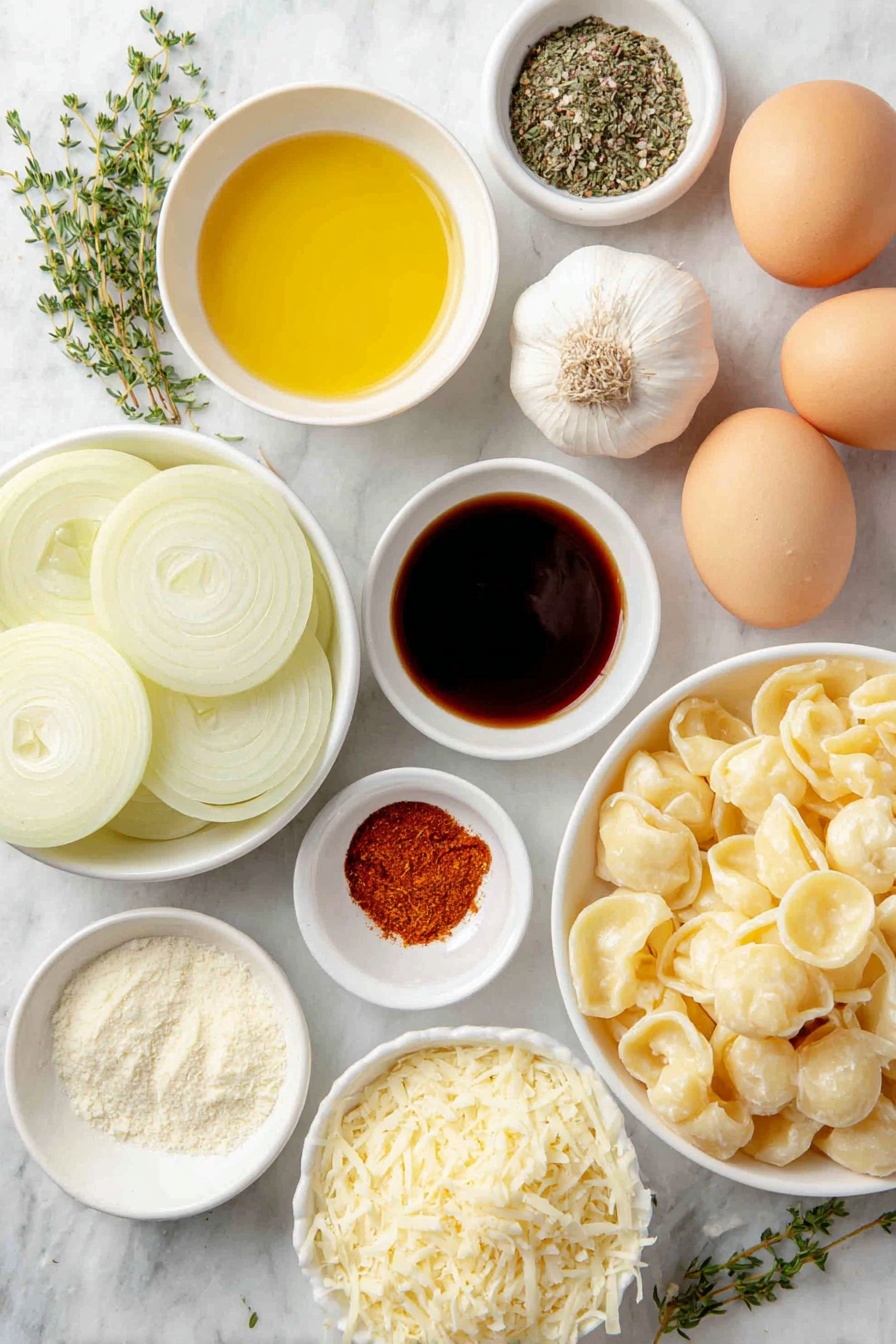 French Onion Pasta with Gruyere, French onion pasta, caramelized onion pasta, cheesy pasta recipes, easy French onion pasta - Flat lay of three large yellow onions sliced into thin rings, a small white ceramic bowl of golden olive oil, a matching bowl with creamy unsalted butter, four whole uncracked garlic cloves, a tiny white bowl of bright red pepper flakes, a small white bowl with dark Worcestershire sauce, a small white bowl filled with deep brown soy sauce, a small white bowl of granulated beef bouillon powder, a few fresh green sprigs of parsley, a few fresh thyme sprigs, a small white bowl containing paprika powder, a small white bowl with dried oregano, two whole uncracked brown eggs, a handful of uncooked orecchiette pasta, a pile of freshly shredded pale yellow Gruyere cheese, a small heap of finely grated white Parmesan cheese, all ingredients neatly arranged with perfect symmetry and balanced proportions, placed on a clean white marble surface, soft natural light, photo taken with an iPhone, professional food photography style, fresh ingredients, white ceramic bowls, no bottles, no duplicates, no utensils, no packaging --ar 2:3 --v 7 --p awthu7i m7354615311229779997